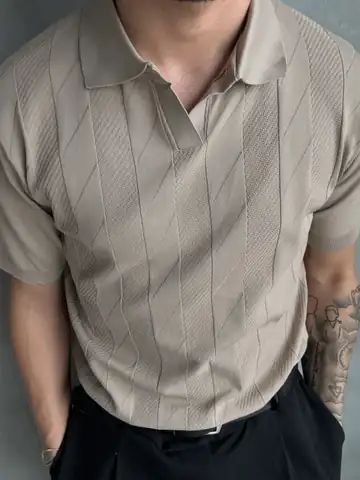 Çizgi Dokulu Polo Yaka Triko T-Shirt  - Krem