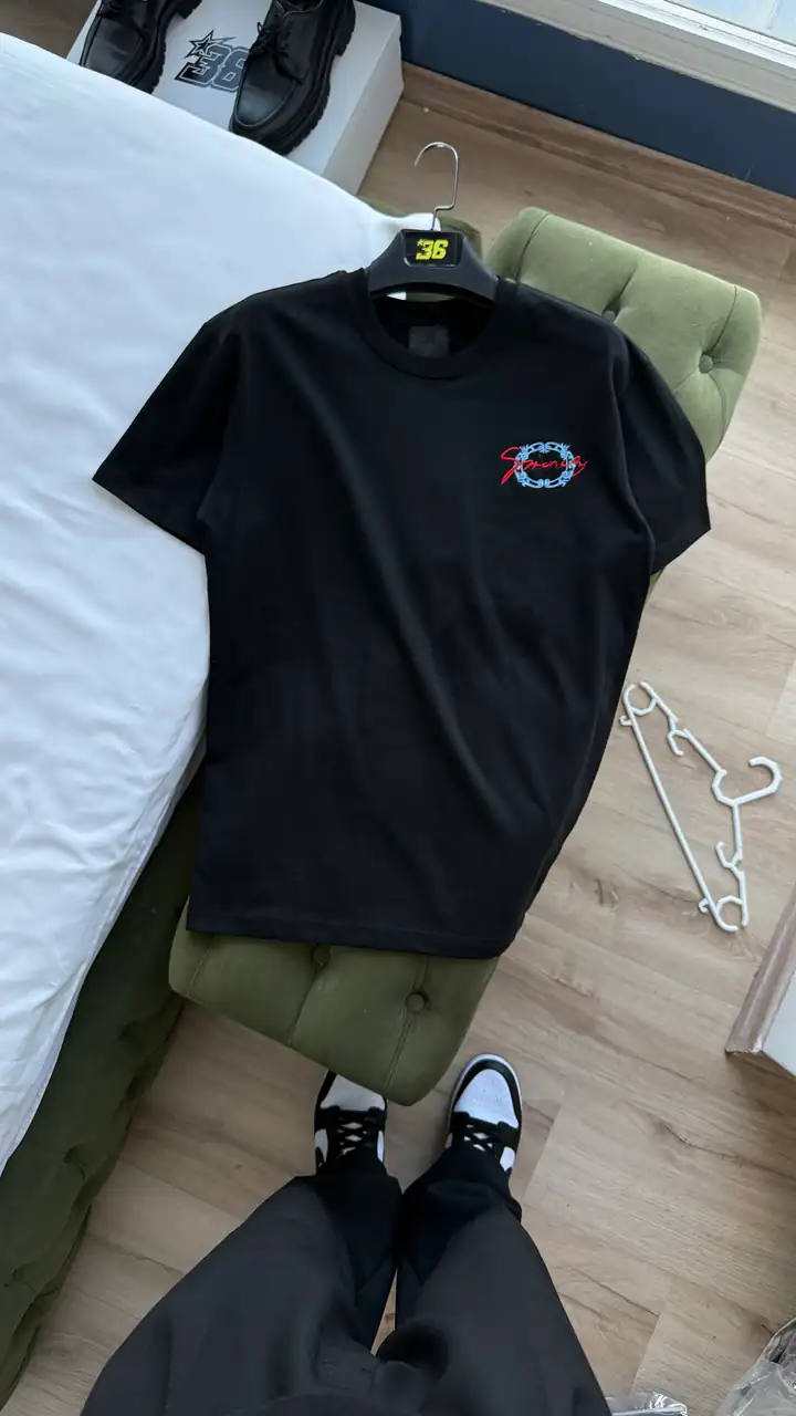 Ön ve Arka Nakış Detaylı T-Shirt - Siyah Renk