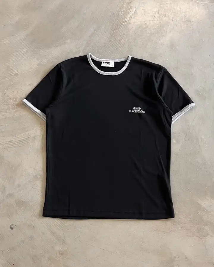 Yaka Renk Detaylı Basic Triko T-Shirt - Siyah