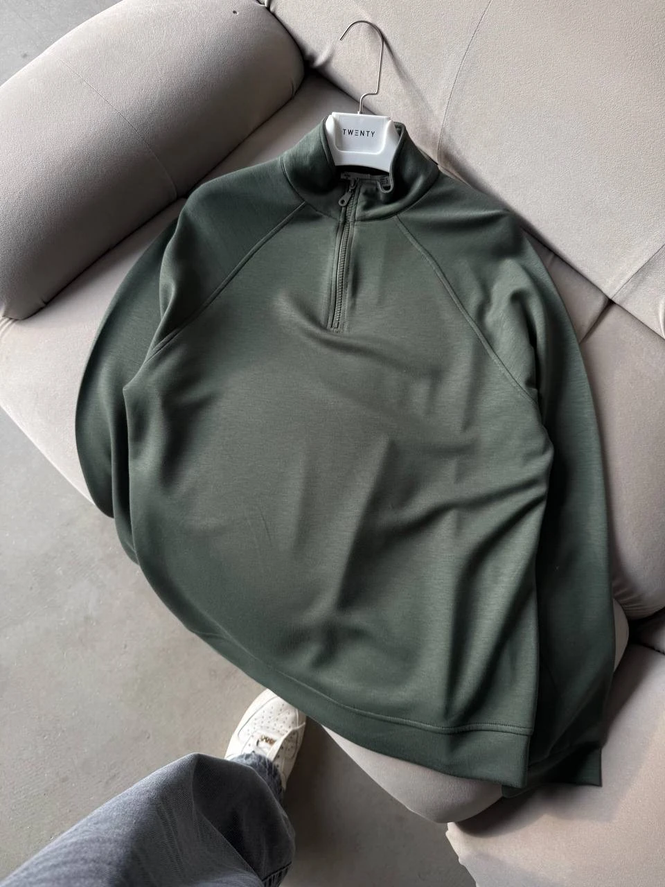 Premium Basic Pamuklu Yarım Fermuarlı Sweatshirt - Yeşil