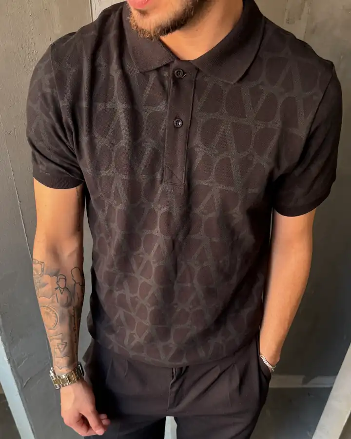 Full Logo Desenli Polo Yaka T-Shirt - Siyah