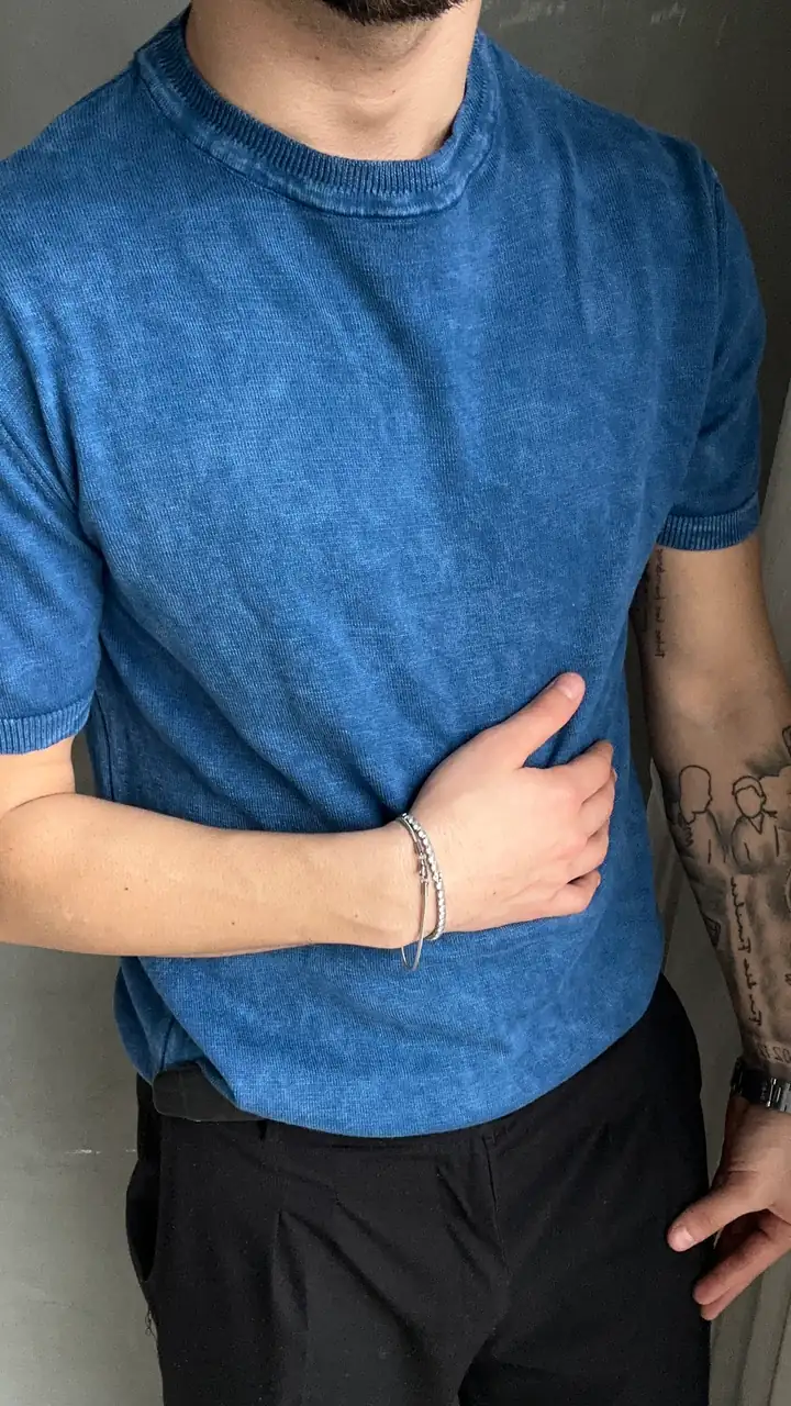 Bisiklet Yaka Yıkamalı Triko Kumaş T-Shirt - Lacivert