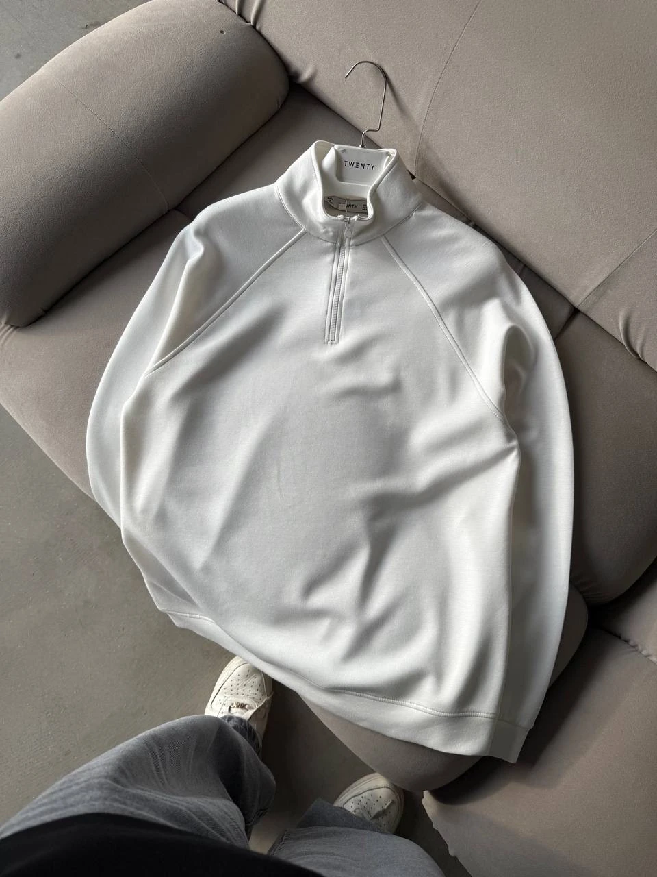 Premium Basic Pamuklu Yarım Fermuarlı Sweatshirt - Beyaz