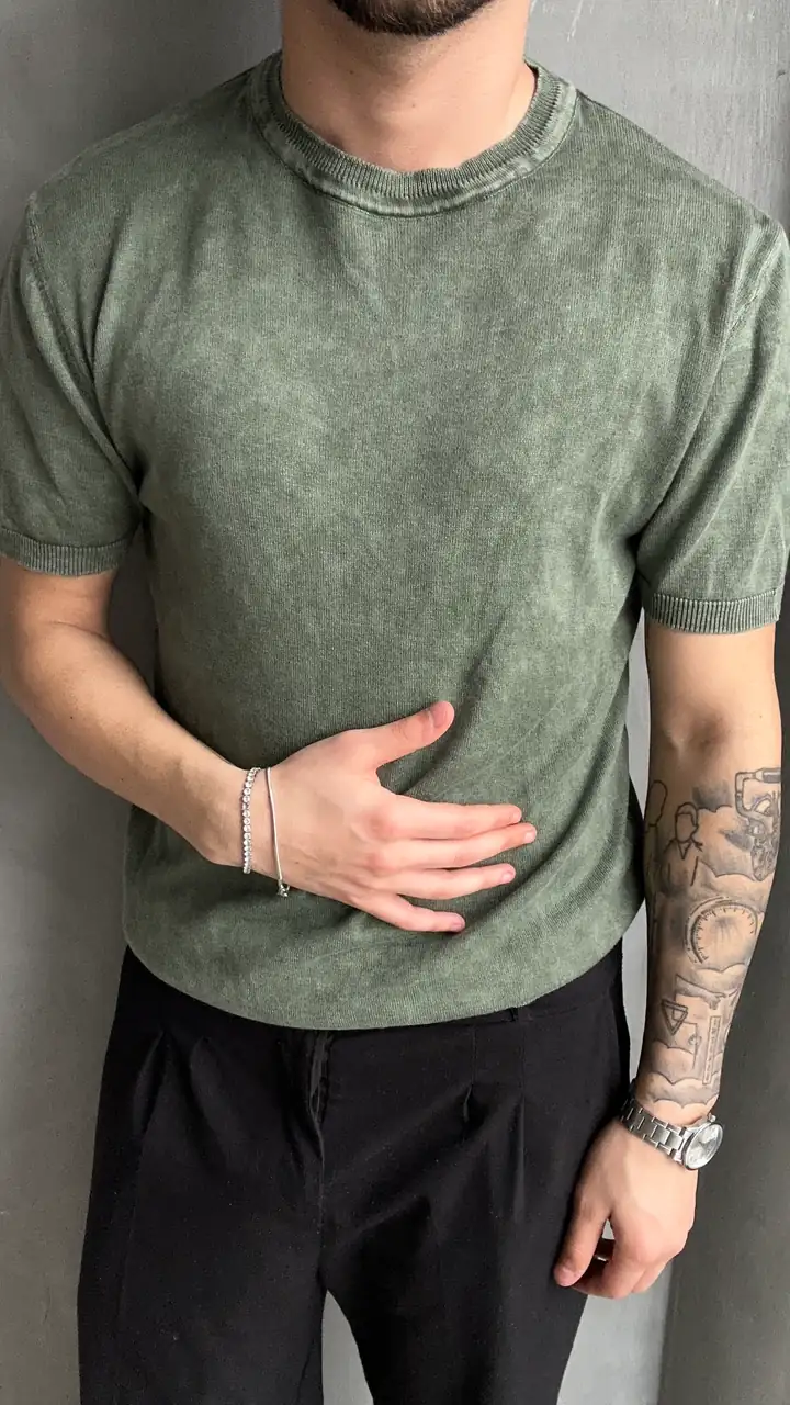 Bisiklet Yaka Yıkamalı Triko Kumaş T-Shirt - Haki