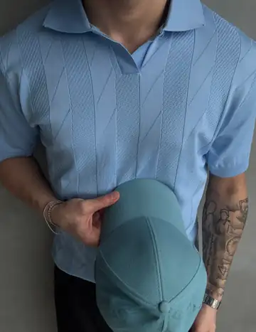 Çizgi Dokulu Polo Yaka Triko T-Shirt  - Mavi