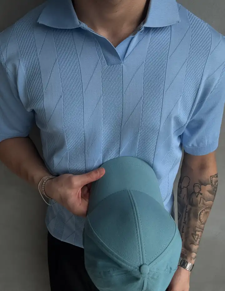 Çizgi Dokulu Polo Yaka Triko T-Shirt  - Mavi