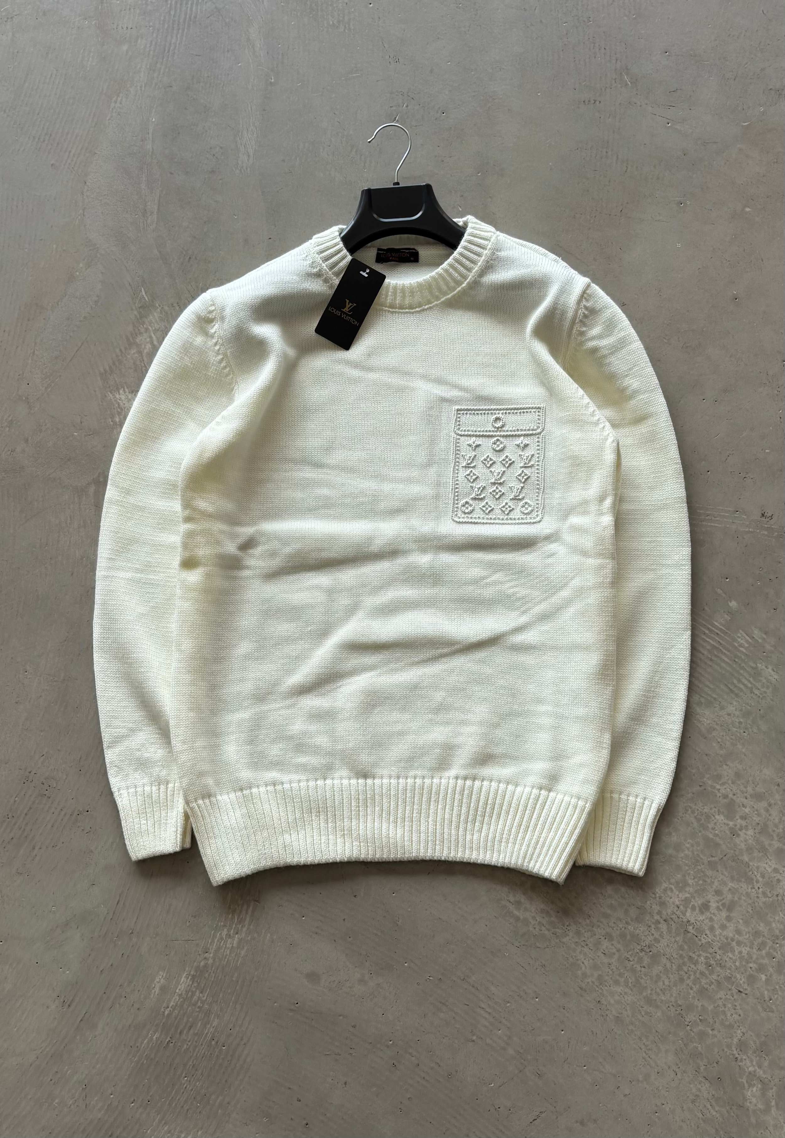 LV Premium Desenli Triko Kazak - Beyaz
