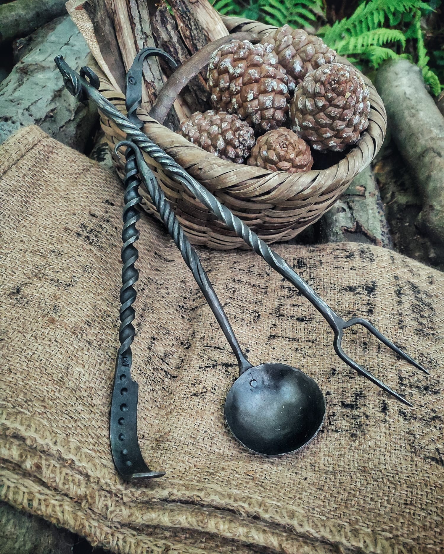 Handmade Blacksmith  Primitive Camping Gear Set Carno Steel Spoon Fire Mixer and Fork
