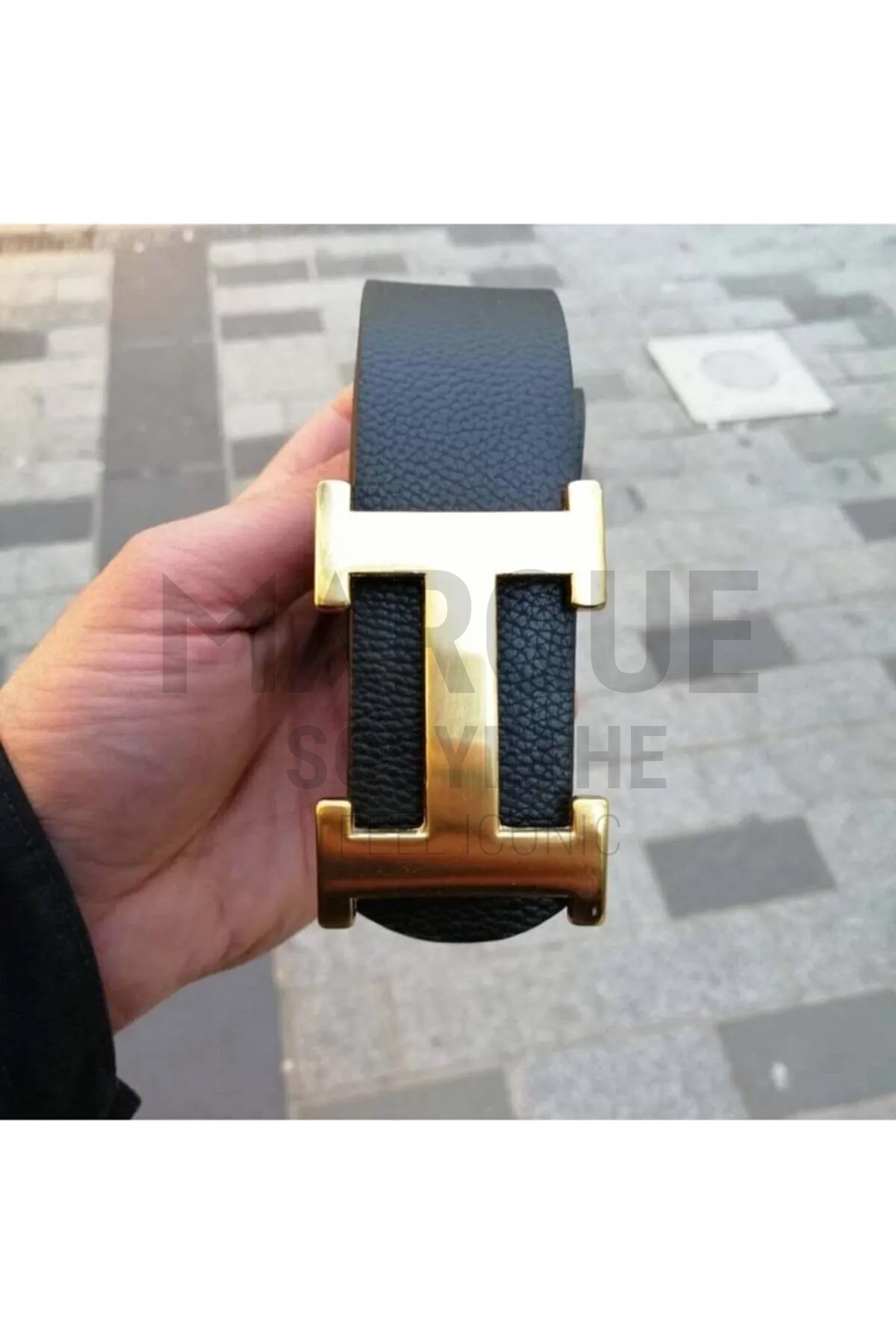 Gold H Tokalı Unisex  Marque 4cm  Kanvas  Kot Pantalonlara Uygun Siyah Deri Kemer