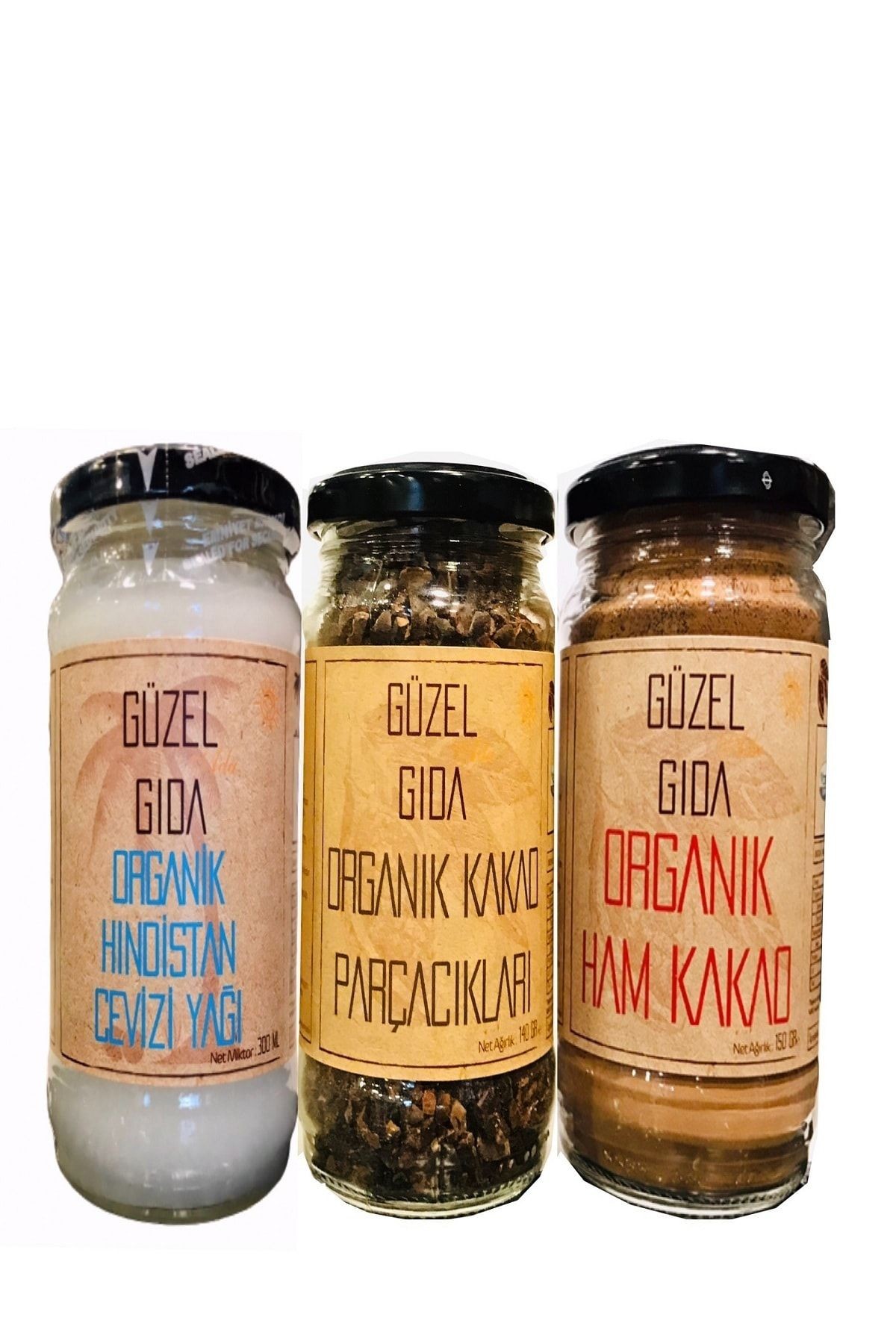 Güzel Gıda Organik-Ham Kakao Parçacıkları 140 Gr. Ham Kakako Tozu 150 Gr. -Hindistan Cevizi Yağı 300 ml.