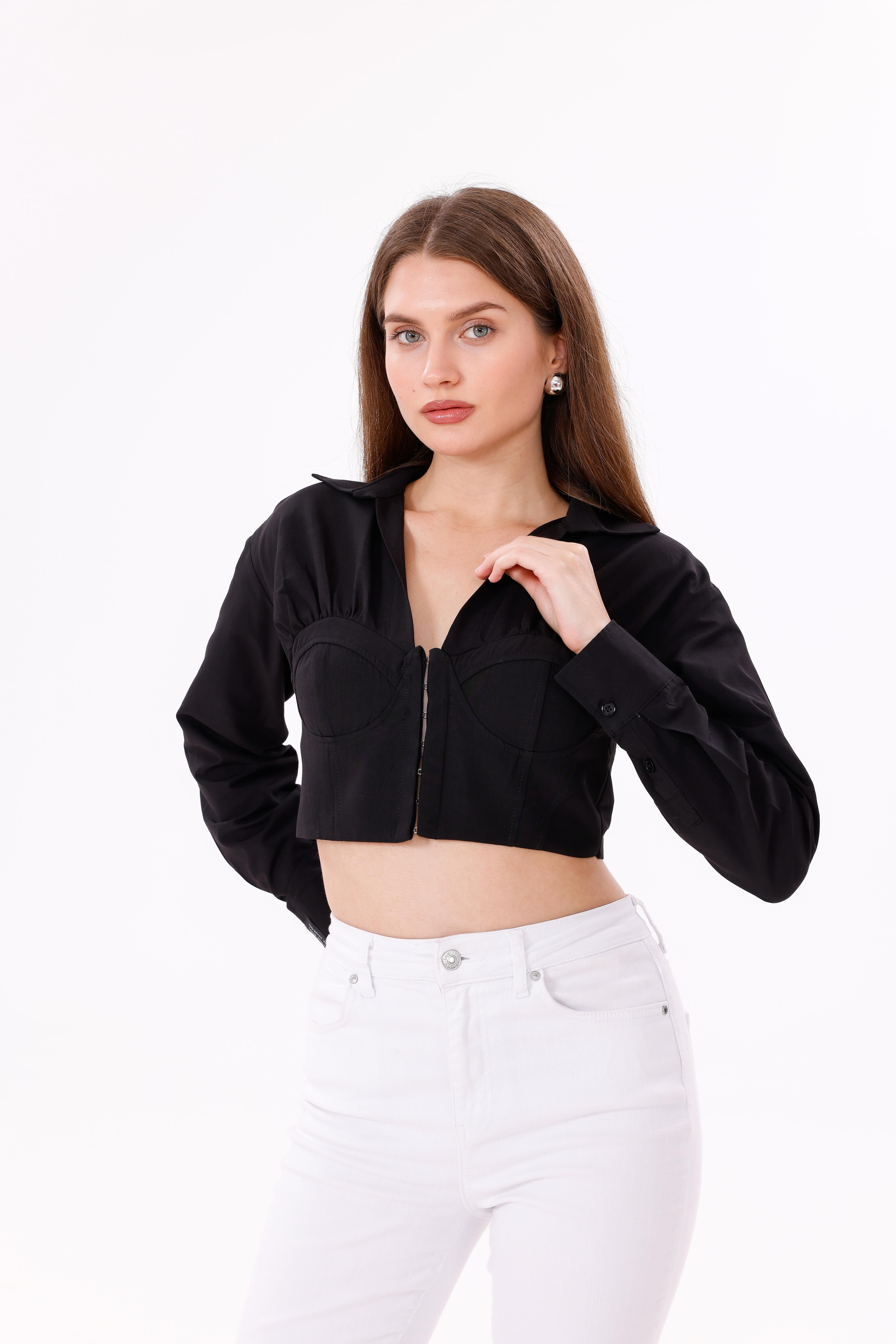 Agraf Bağlamalı Poplin Bluz – Siyah & Beyaz