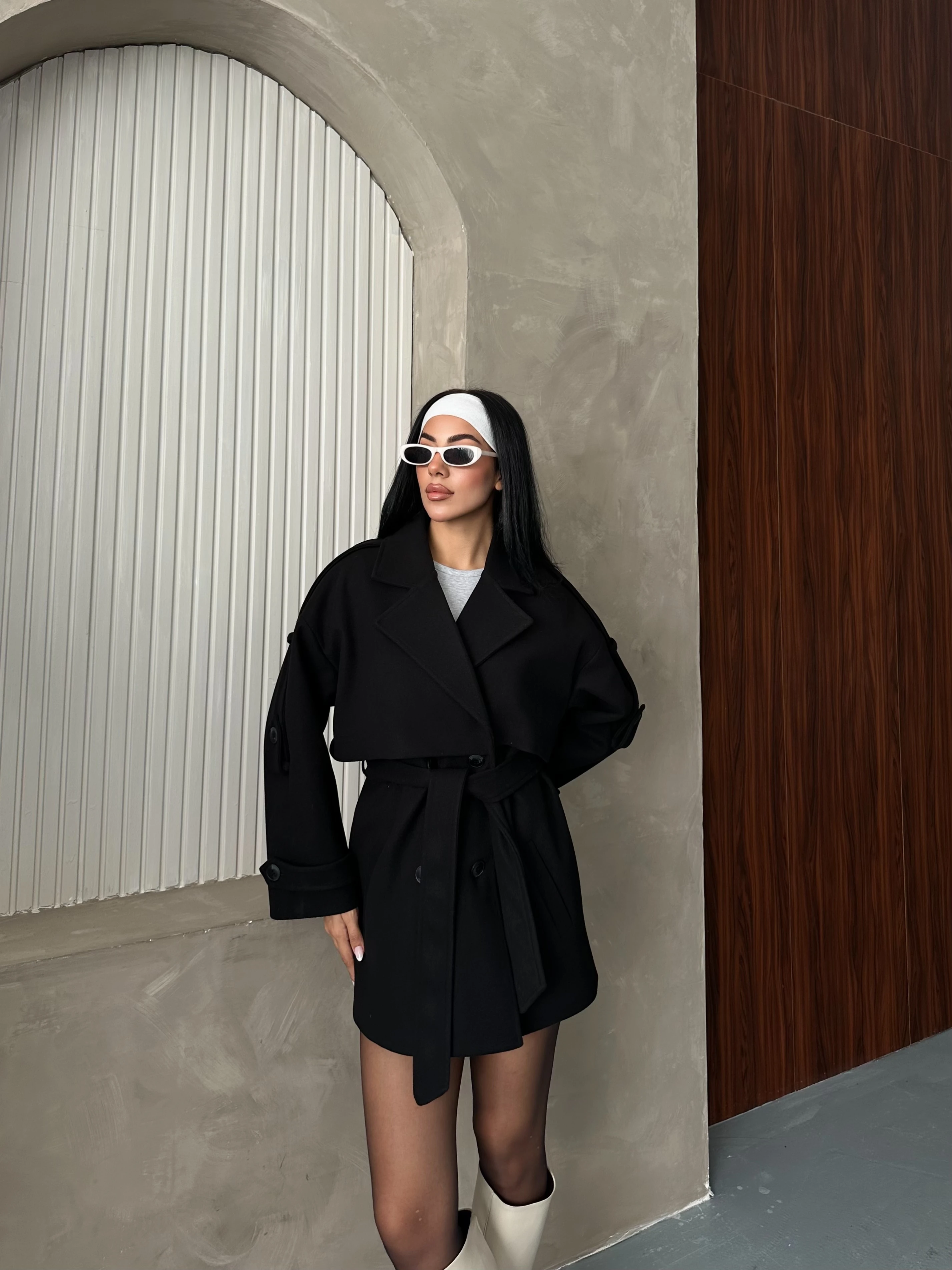 Kadın Düğmeli Kemerli Astarlı Kaşe Kaban