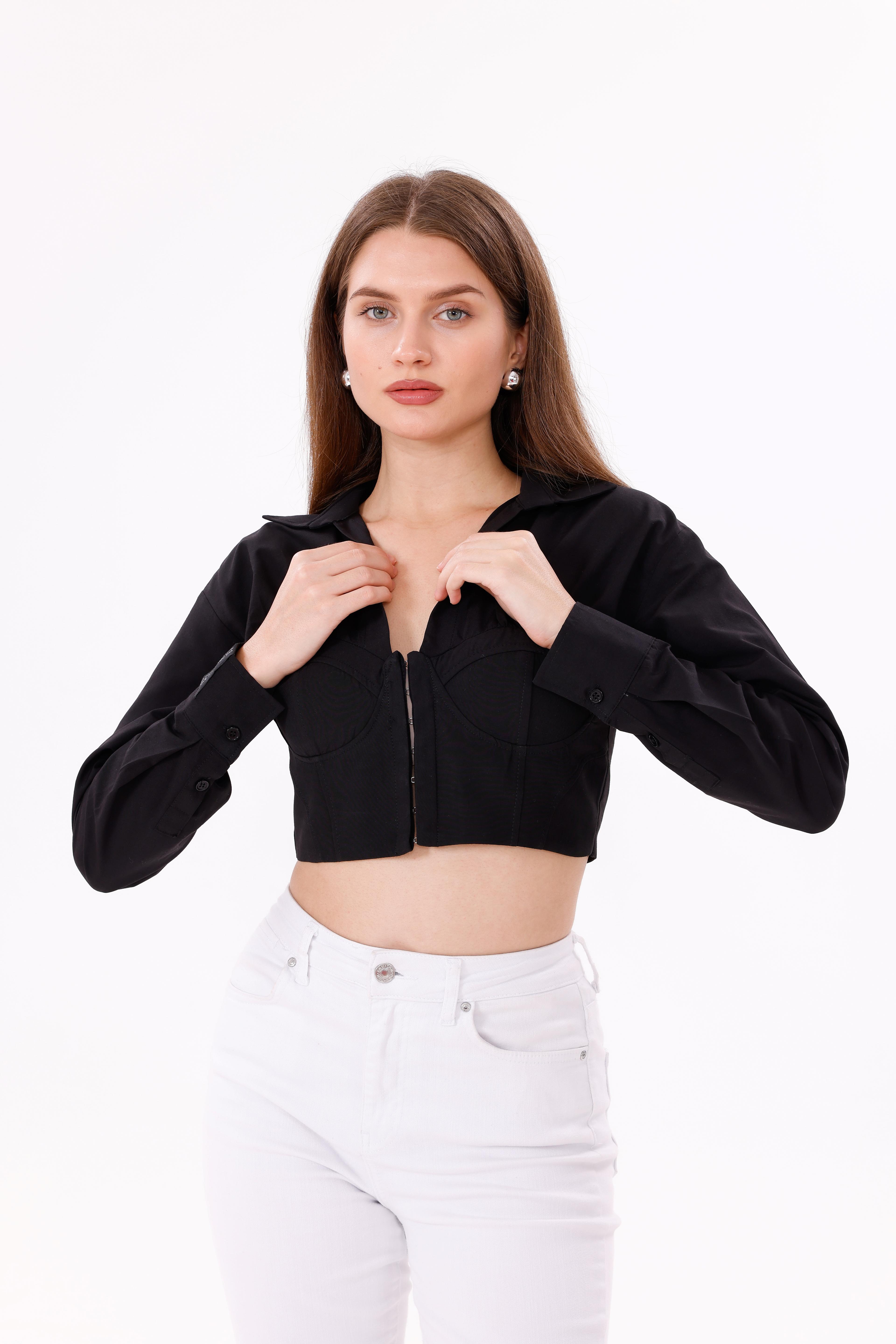 Agraf Bağlamalı Poplin Bluz – Siyah & Beyaz