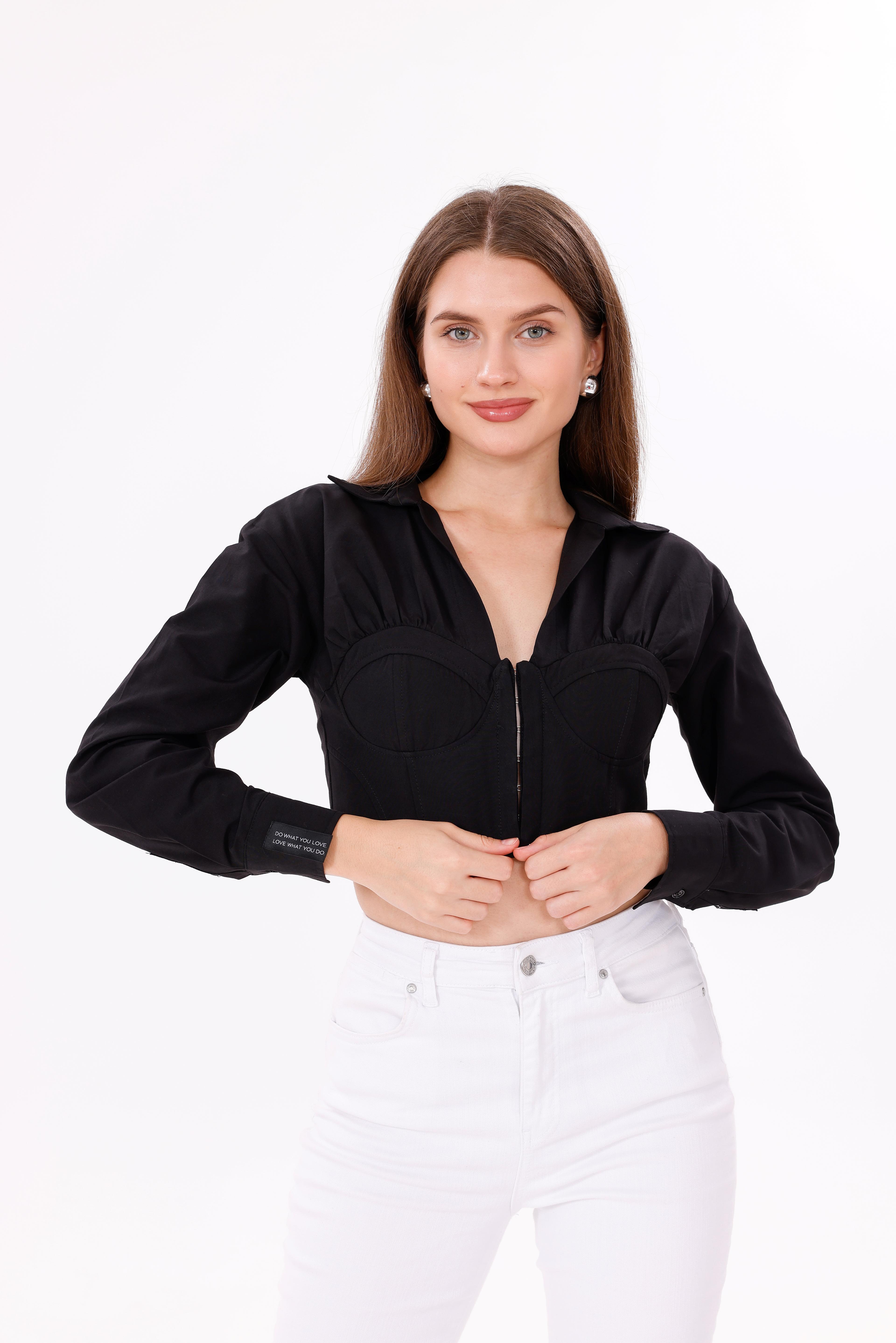 Agraf Bağlamalı Poplin Bluz – Siyah & Beyaz