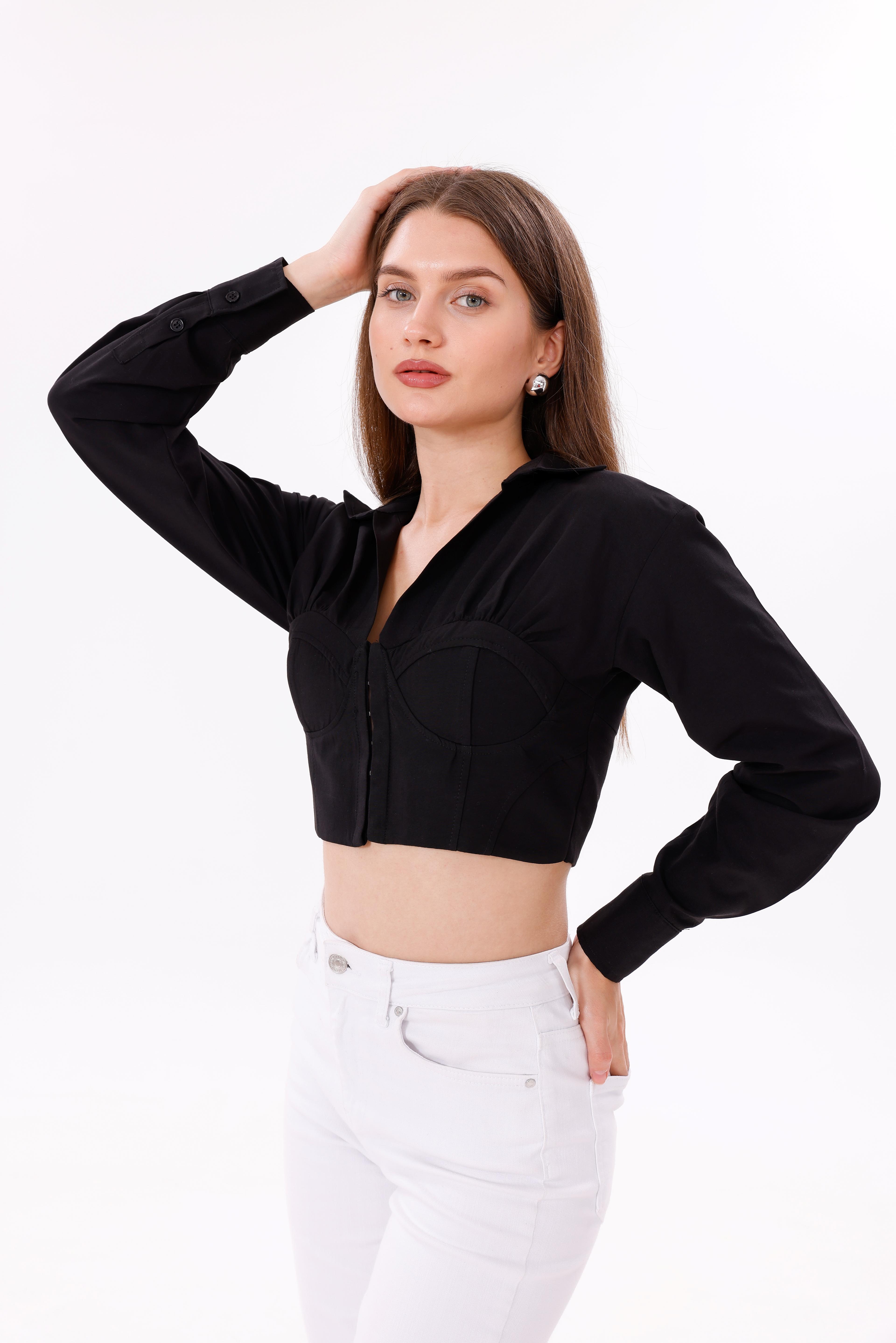 Agraf Bağlamalı Poplin Bluz – Siyah & Beyaz