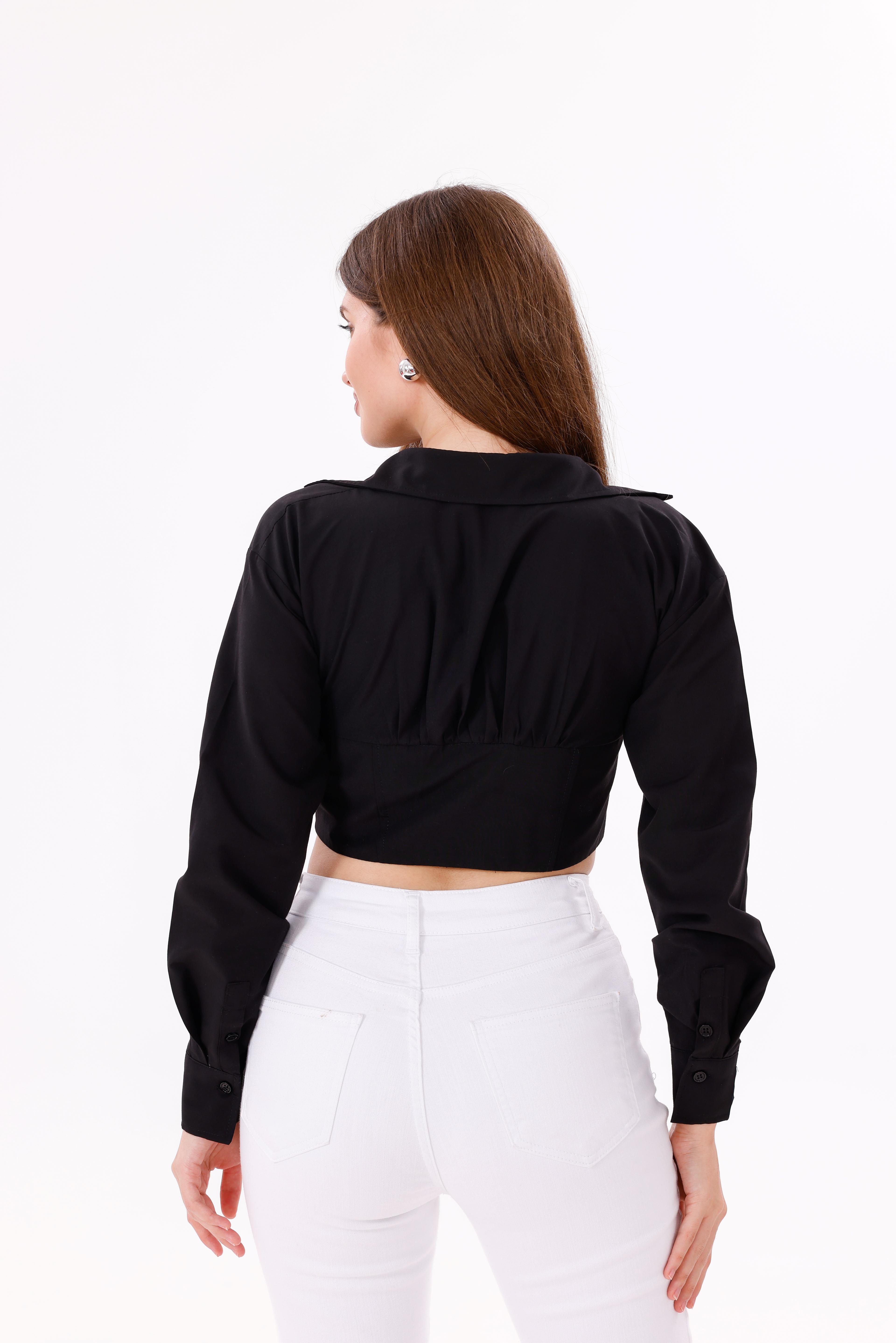 Agraf Bağlamalı Poplin Bluz – Siyah & Beyaz
