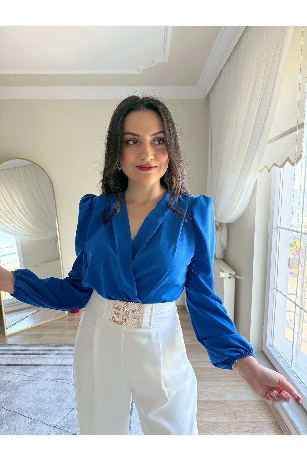 Kruvaze Yaka Vatkalı Çıtçıtlı Bodysuit Bluz - Saks Mavi