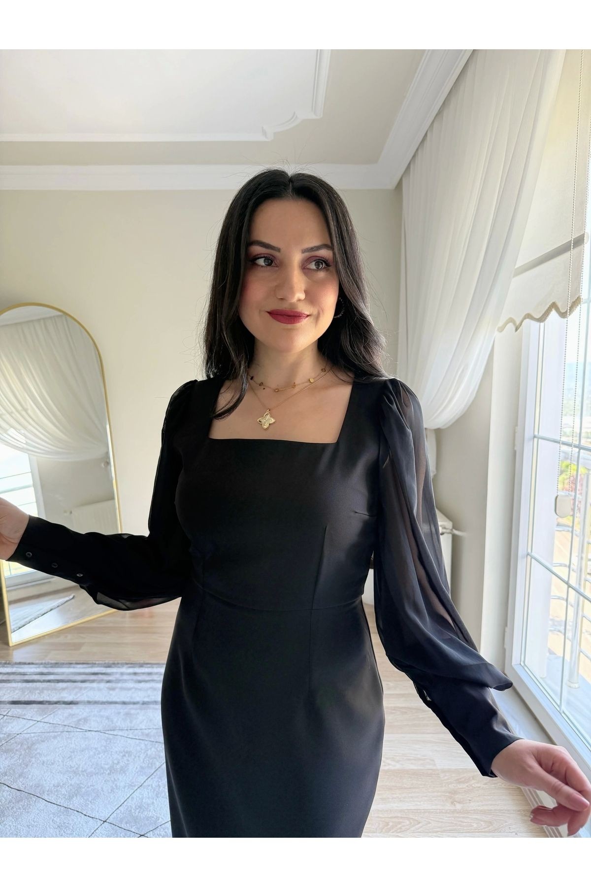 Şifon Kollu Krep Kalem Elbise Siyah