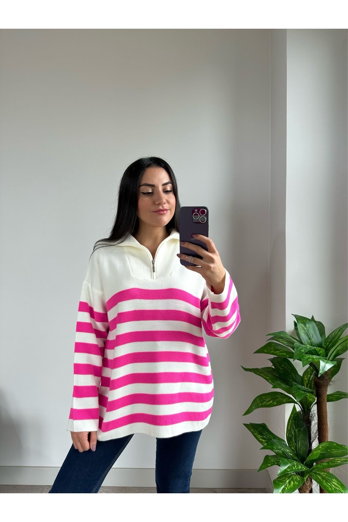Fermuarlı Çizgili Uzun Oversize Kazak