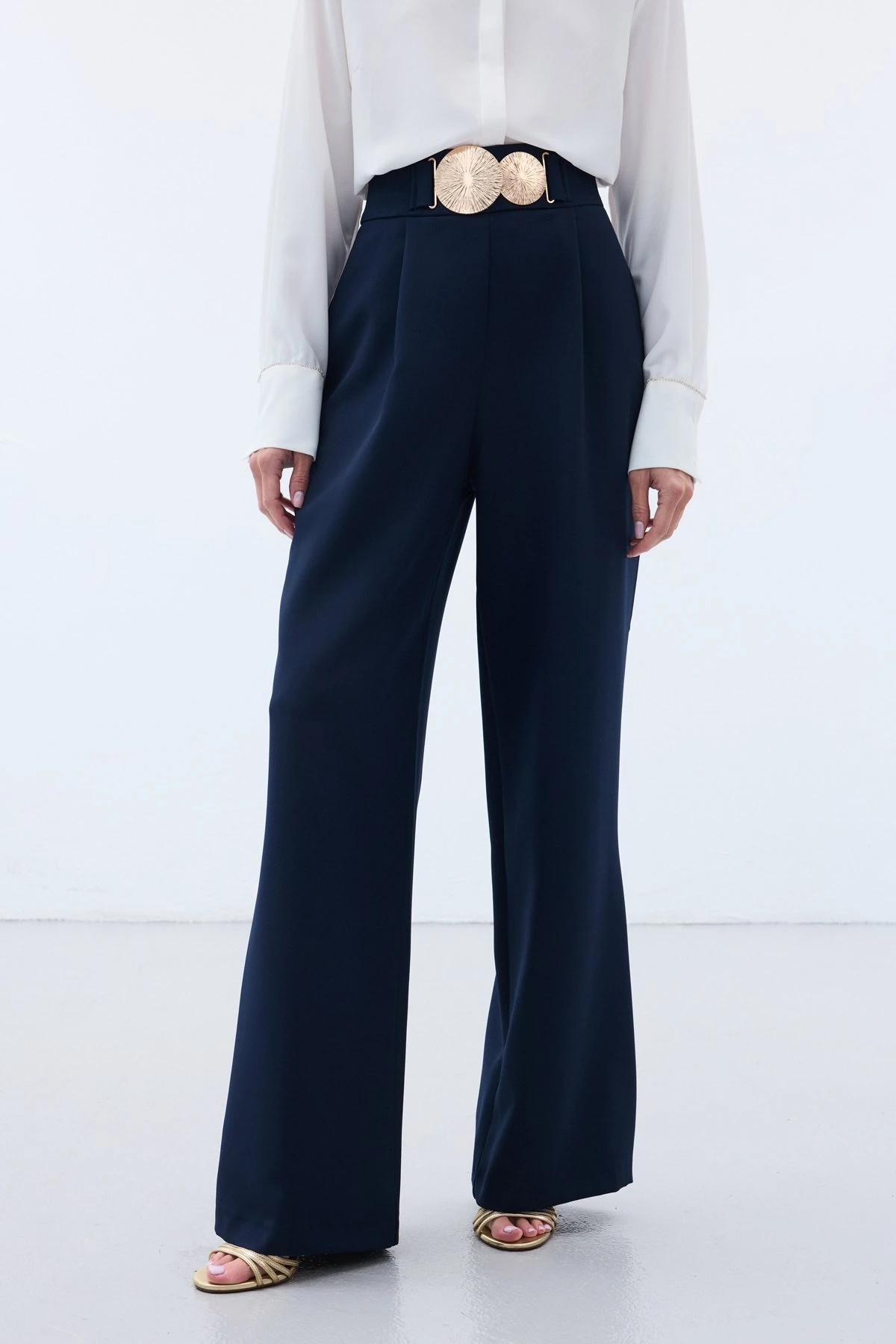 Gold Aksesuarlı Palazzo Pantolon  - Lacivert