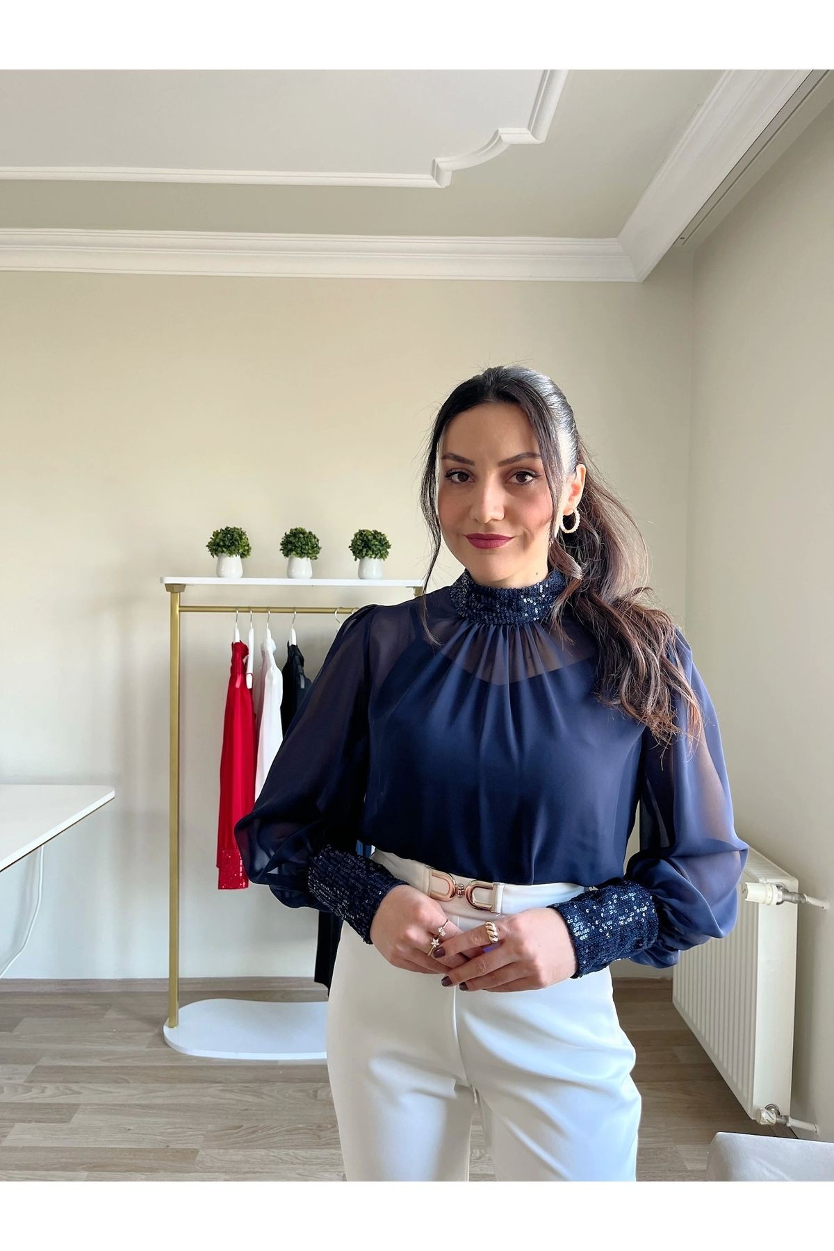 Payet Detaylı Bluz Şifon Bluz  - Lacivert