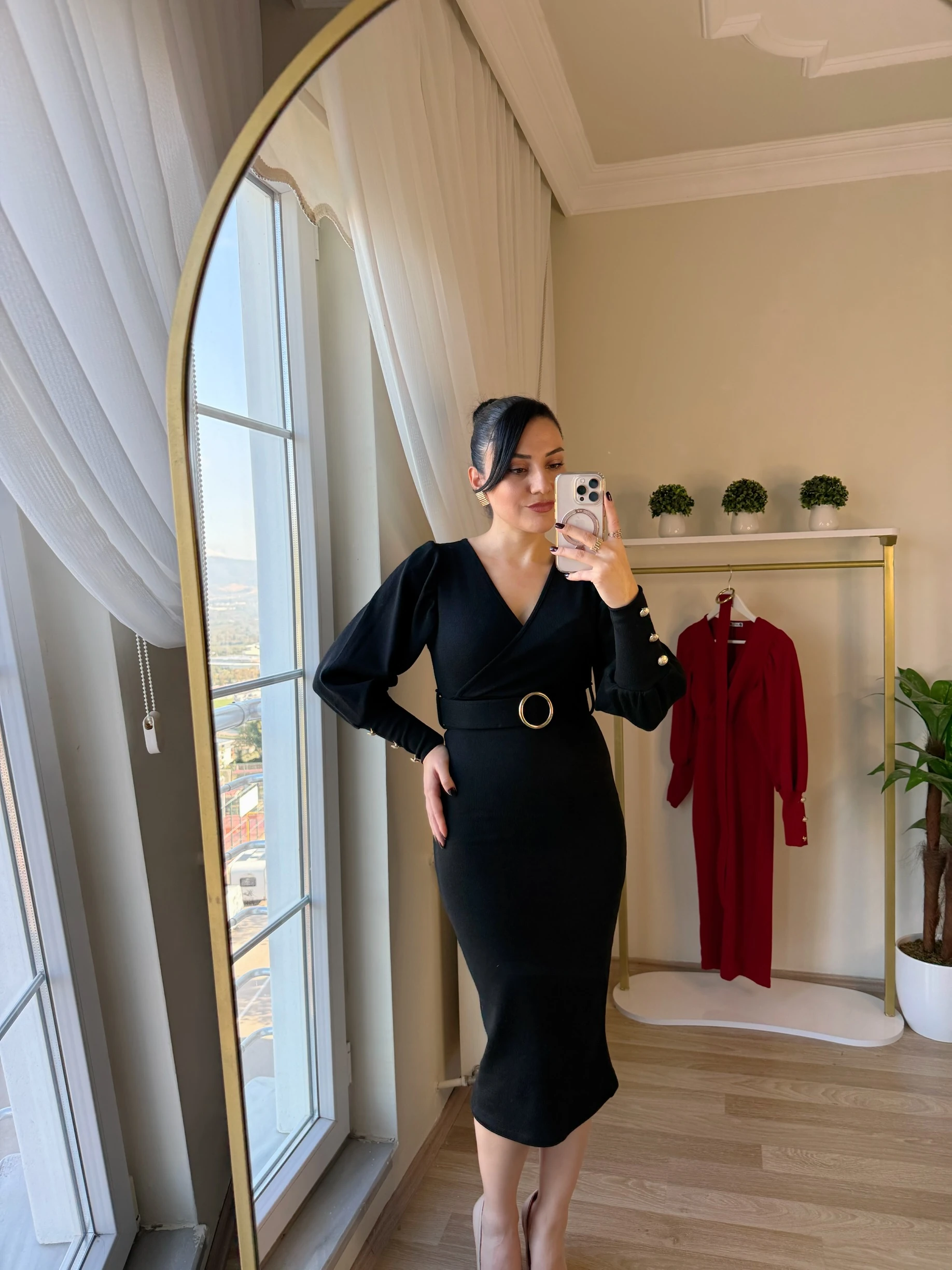 Kruvaze Yaka Kemerli Triko Elbise