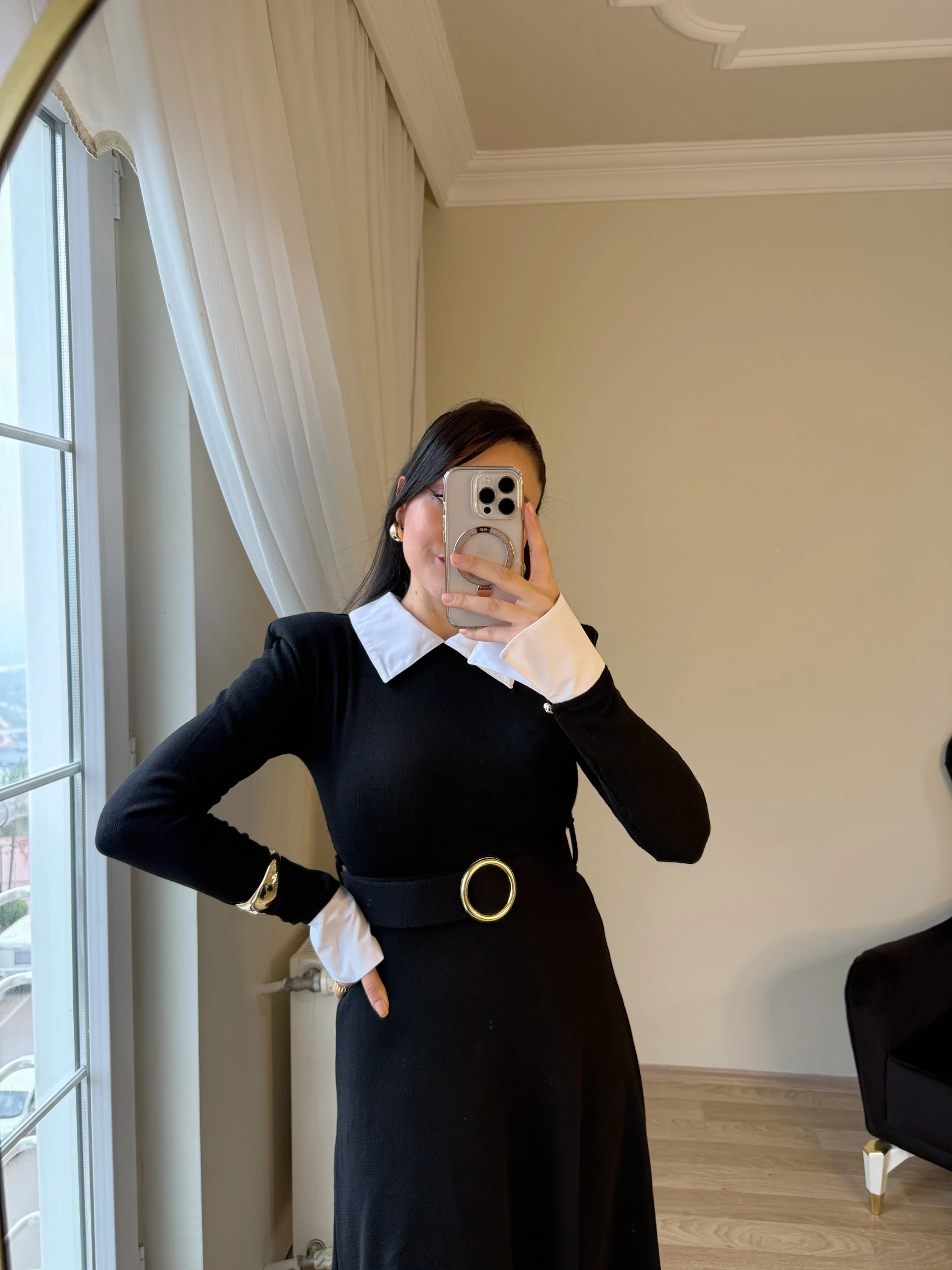 Gömlek Yaka Kemerli Triko Elbise