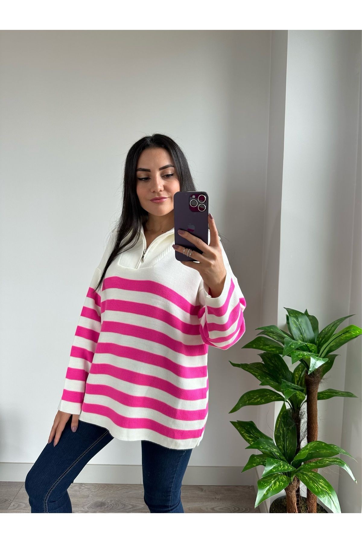 Fermuarlı Çizgili Uzun Oversize Kazak - Fuşya