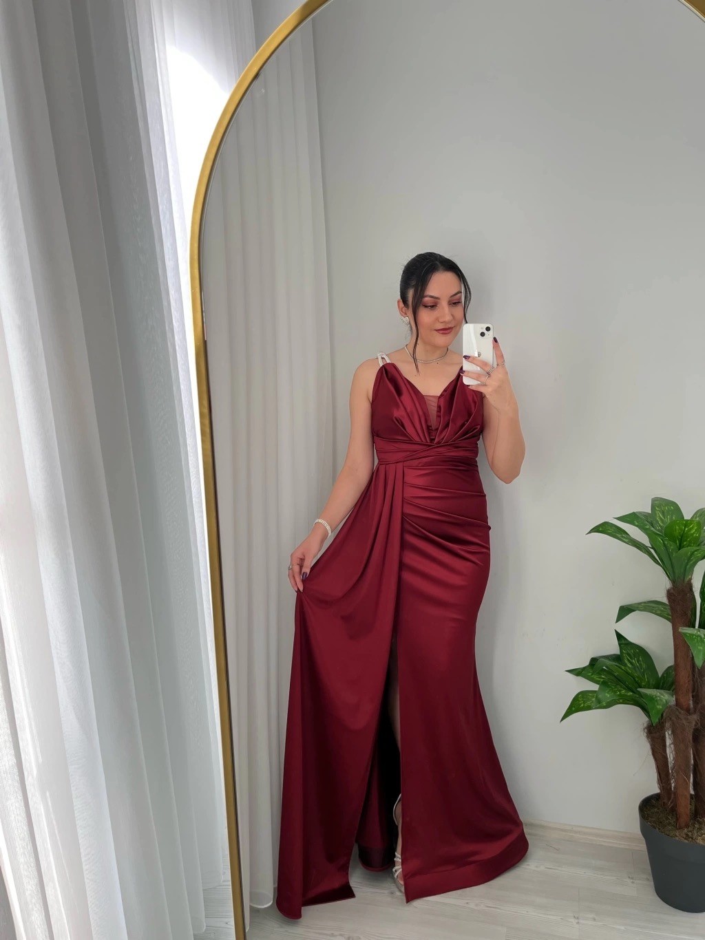 Olina Taş Askılı Saten Abiye - Bordo