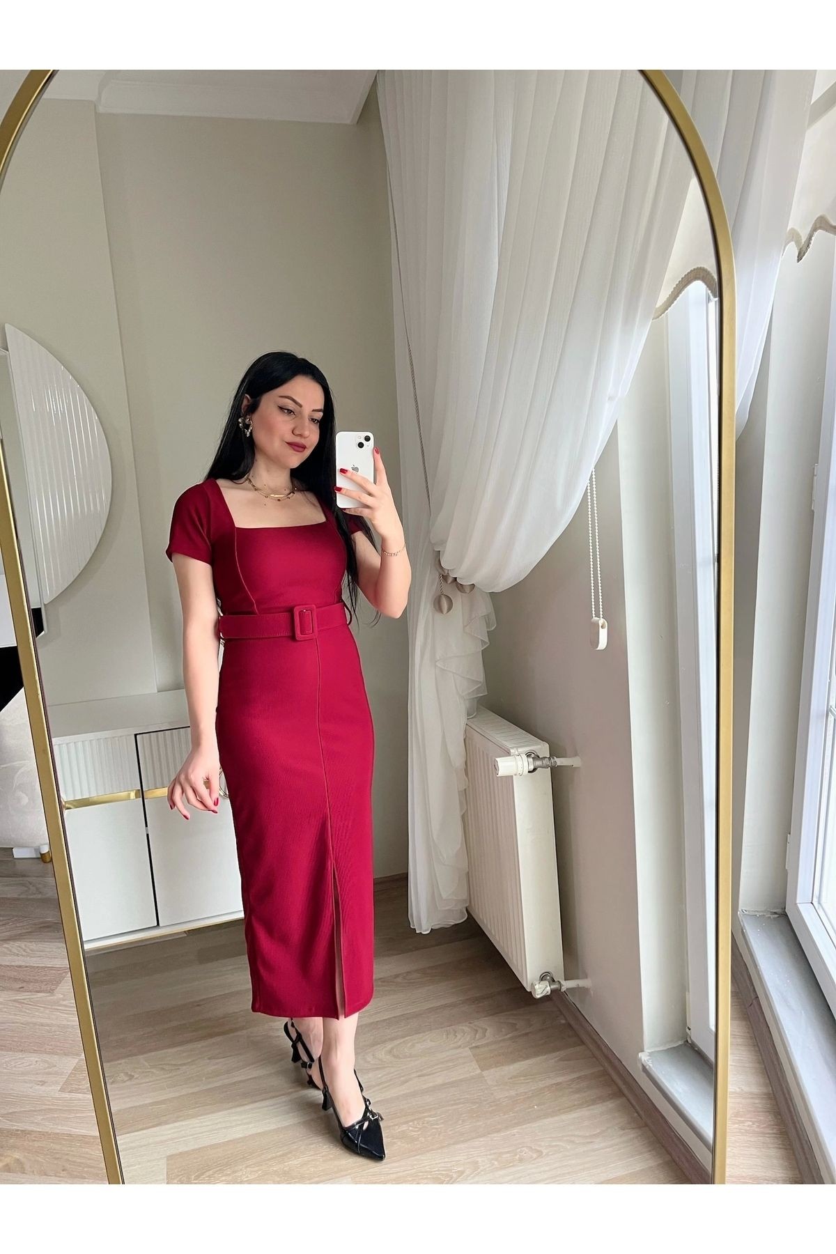 Kemerli Kısa Kol Ottoman Elbise - Bordo