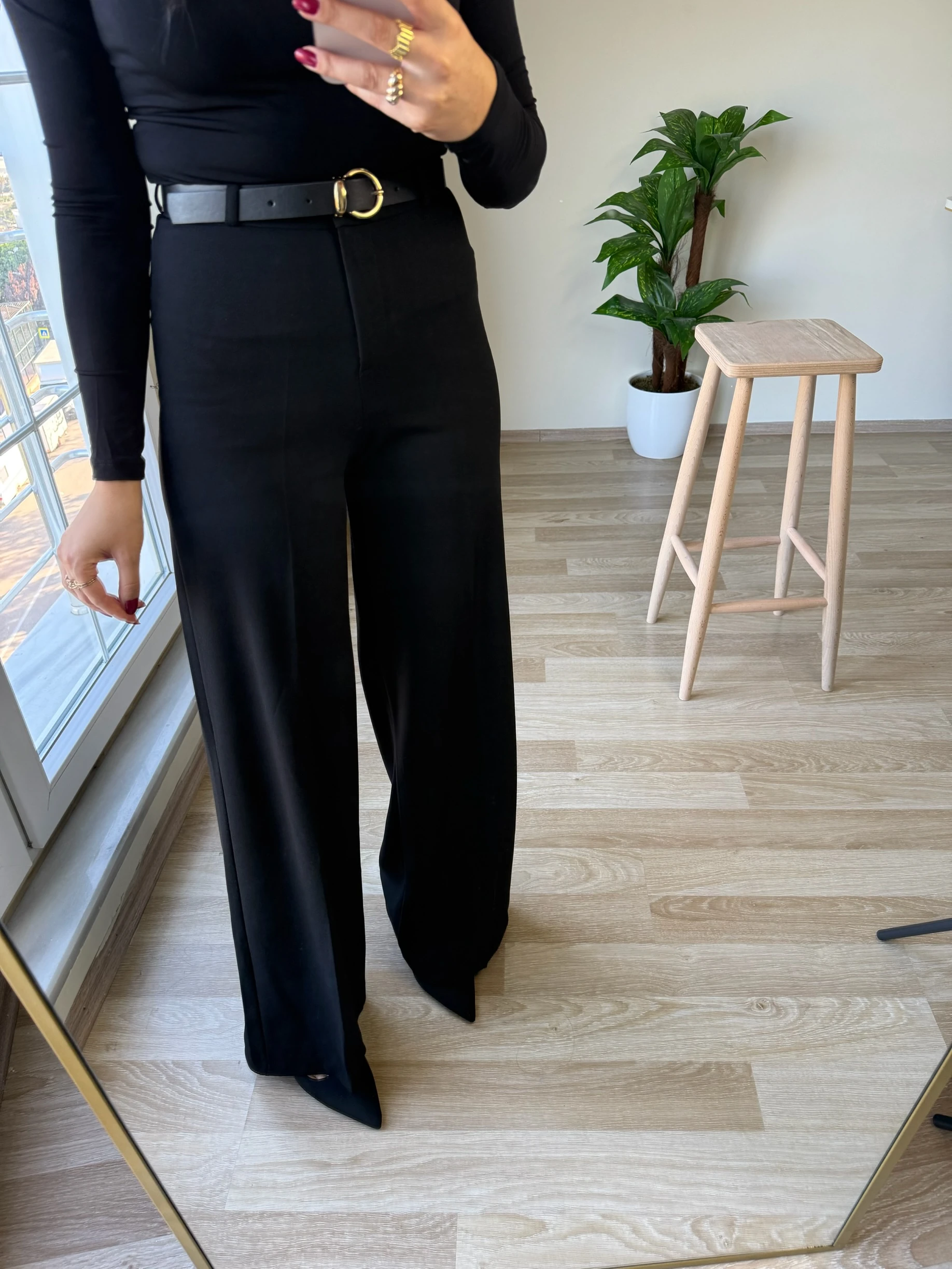 Likralı Krep Kemerli Palazzo Pantolon - Siyah