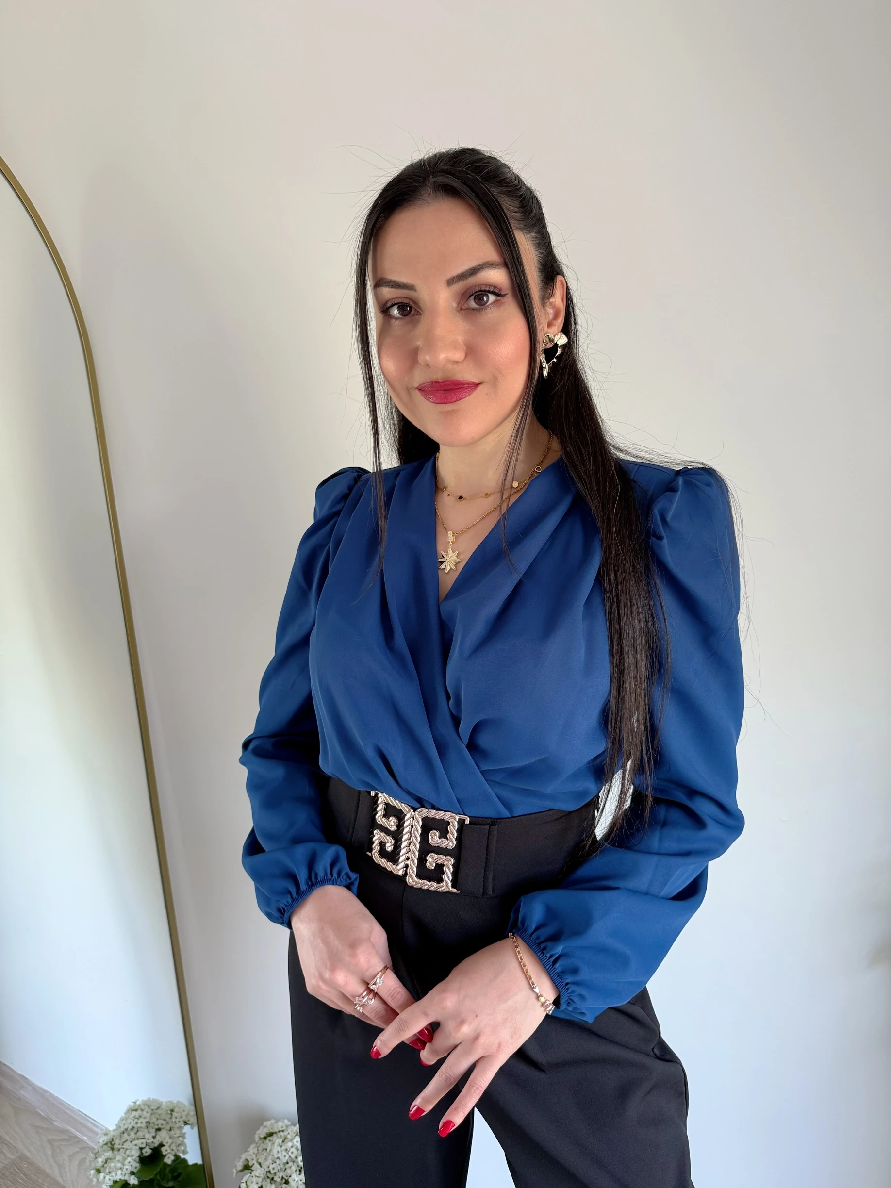 Kruvaze Yaka Vatkalı Çıtçıtlı Bodysuit Bluz - Lacivert