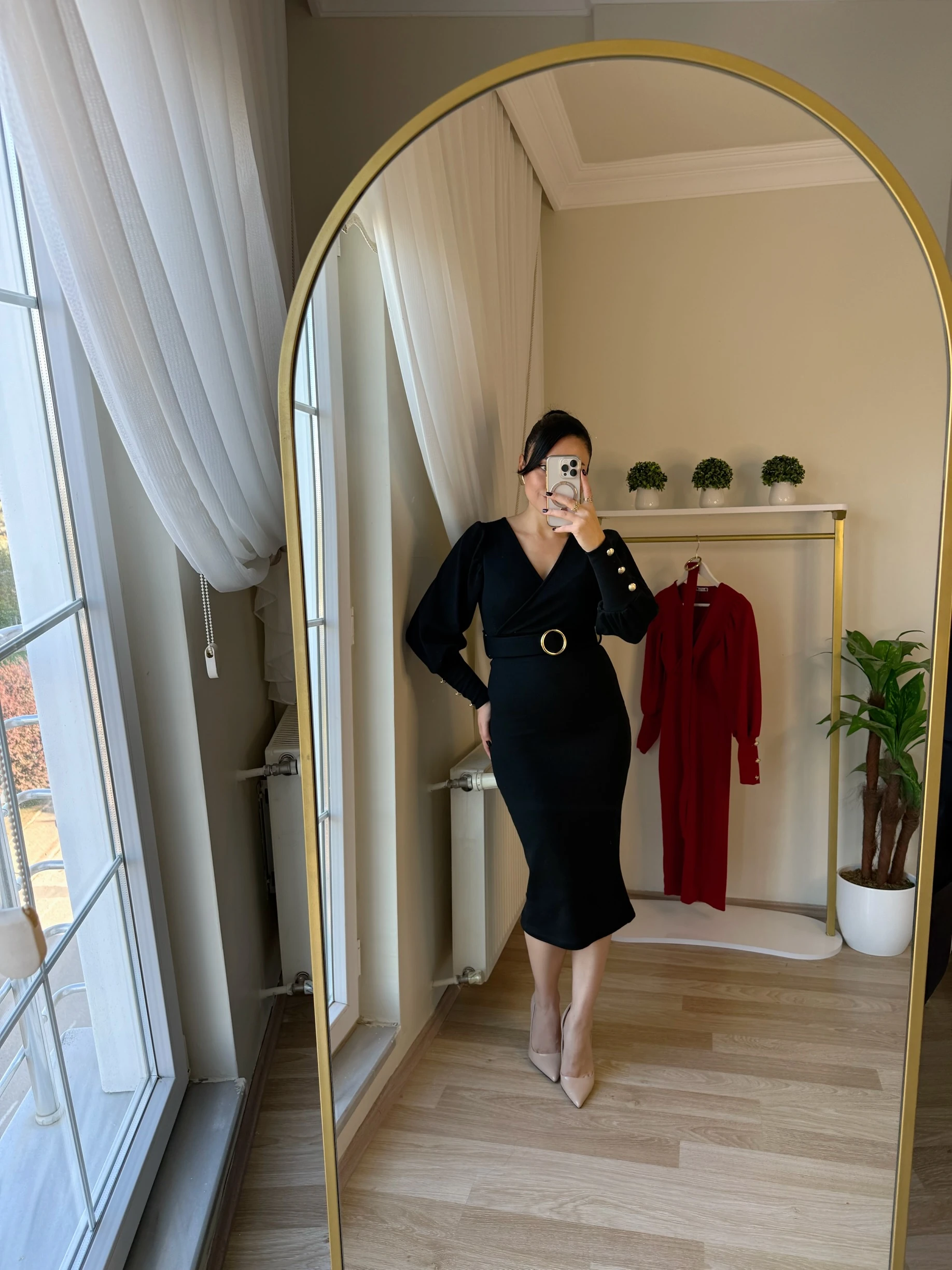 Kruvaze Yaka Kemerli Triko Elbise