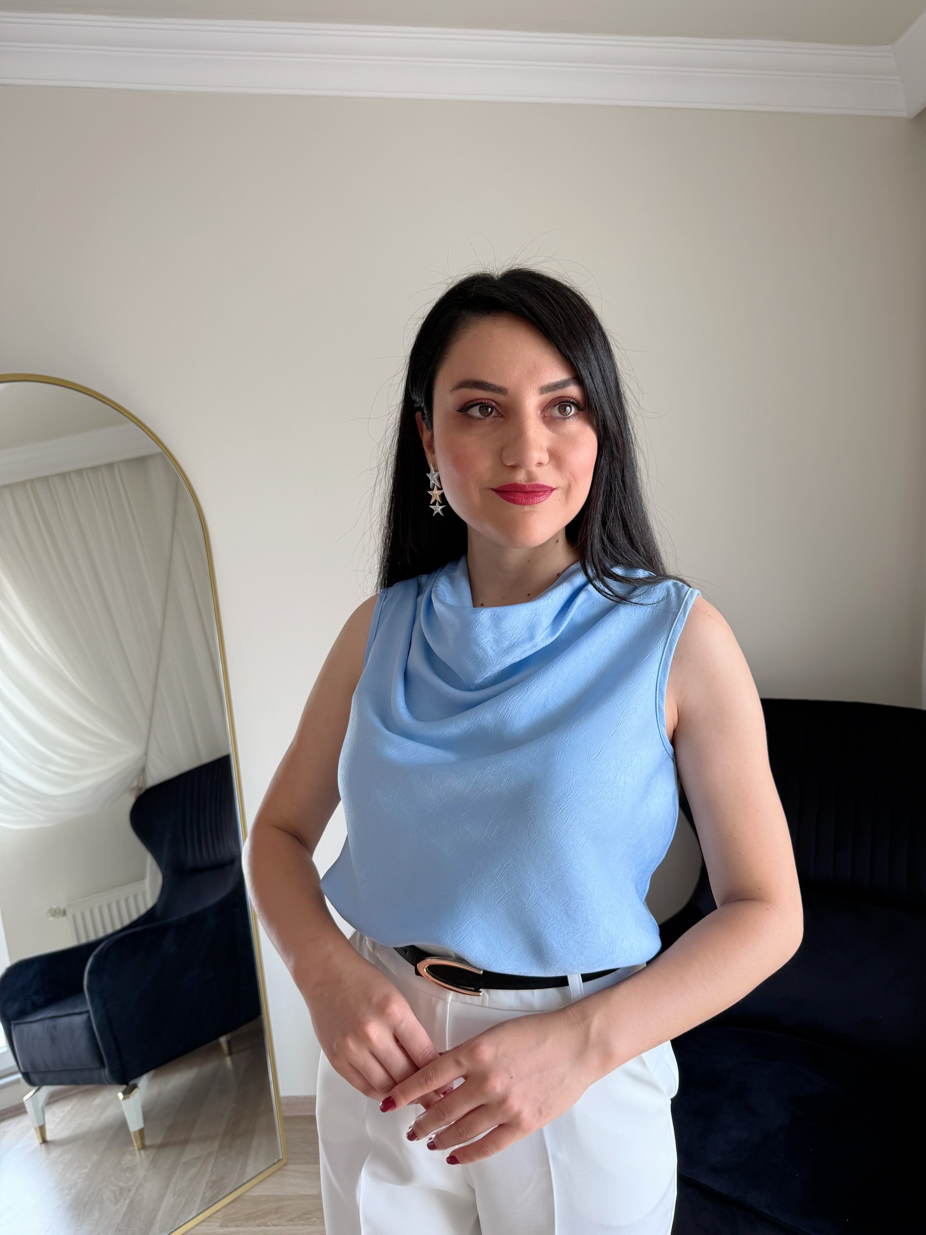 Degaje Yaka Saten Bluz - Açık Mavi