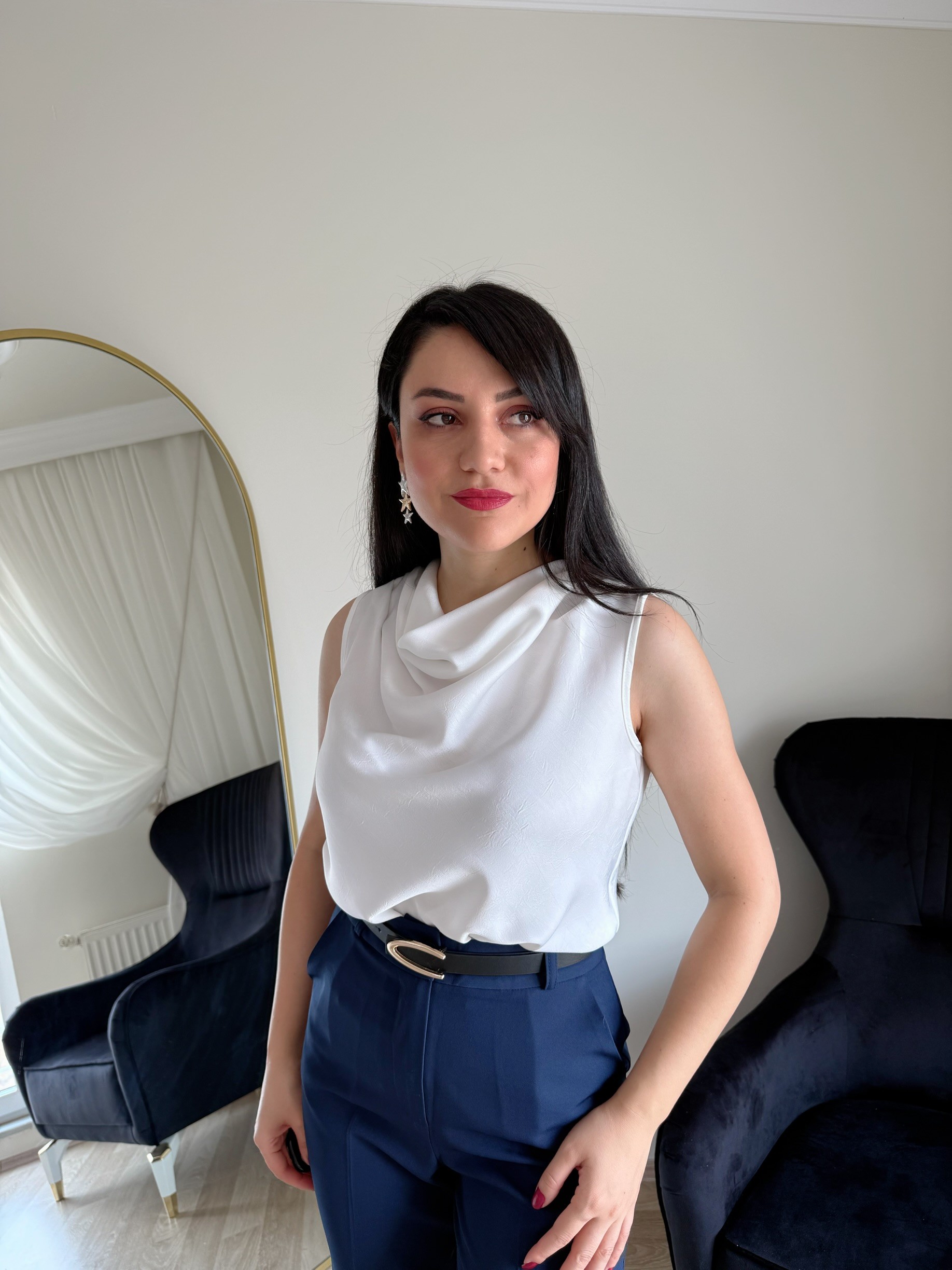 Degaje Yaka Saten Bluz - Beyaz
