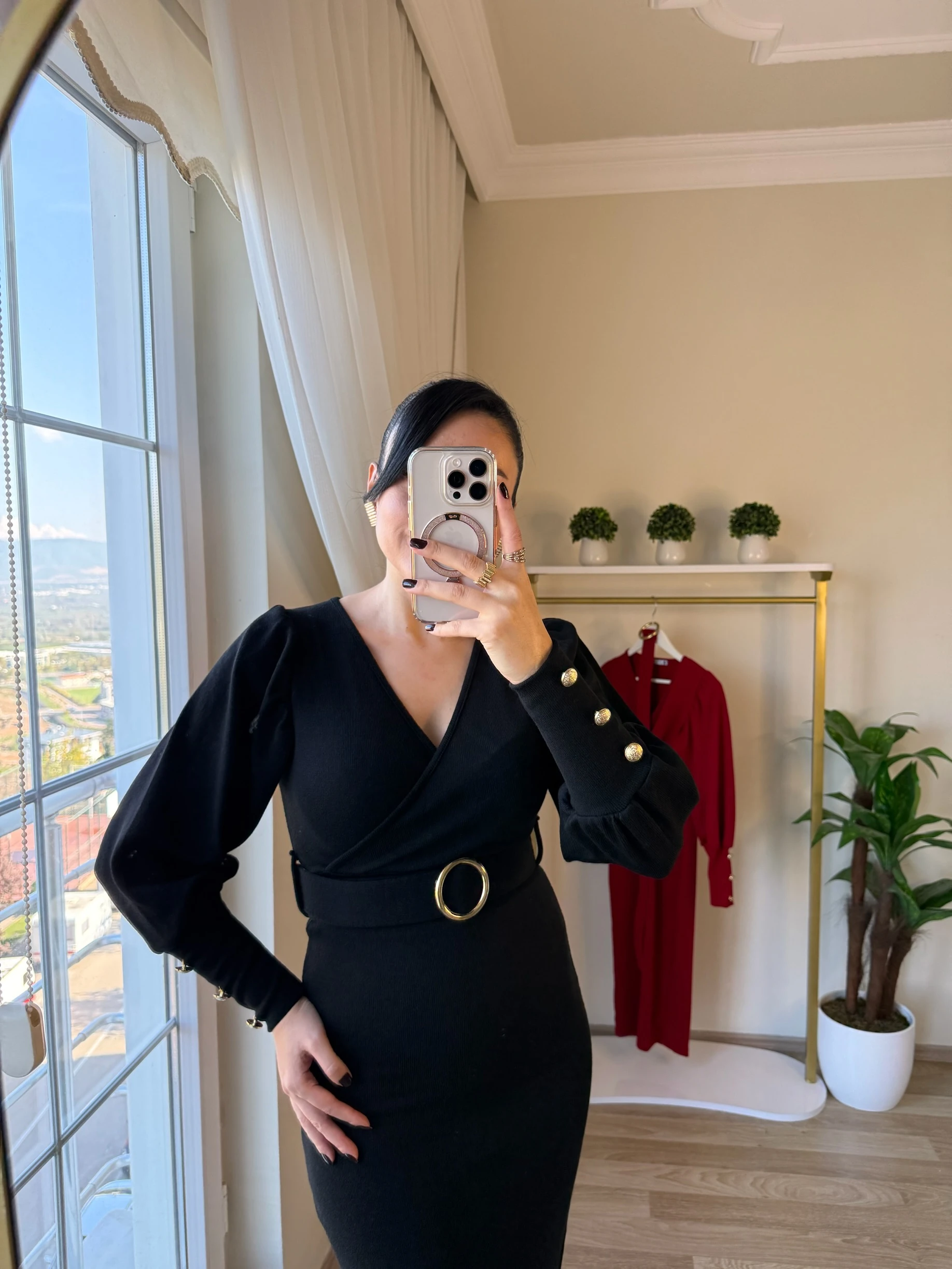 Kruvaze Yaka Kemerli Triko Elbise