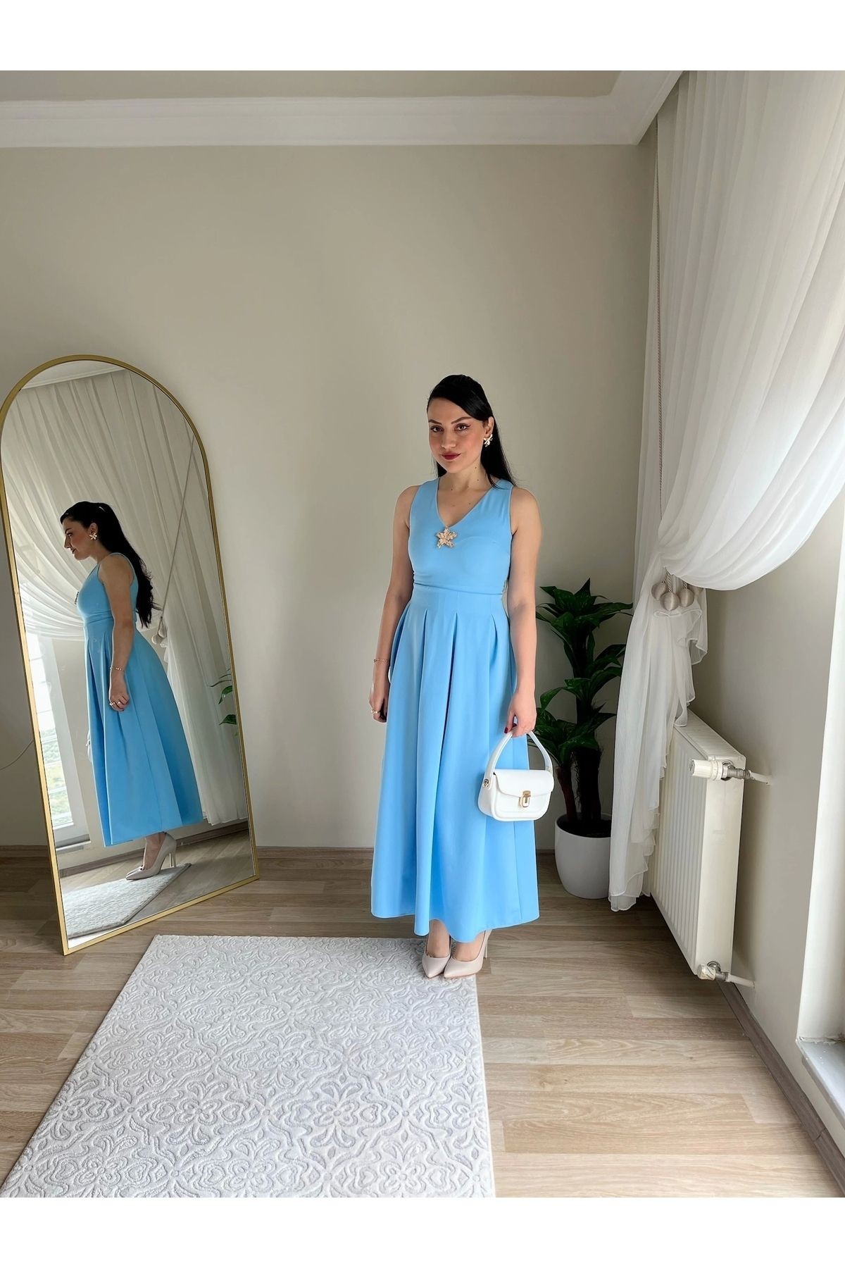 Late Yıldız Detaylı Elbise - Mavi