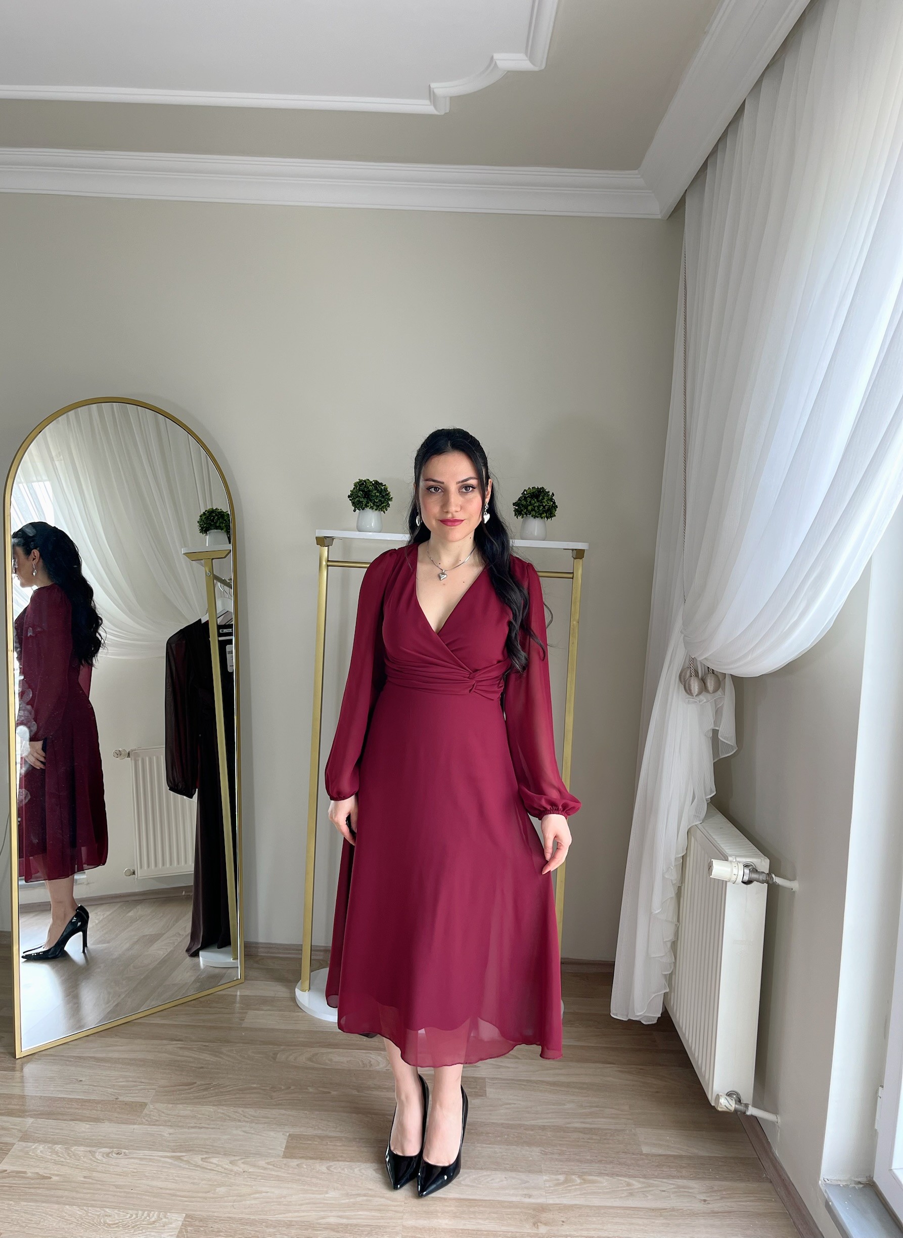Kruvaze Belden Oturtmalı Şifon Elbise - Bordo