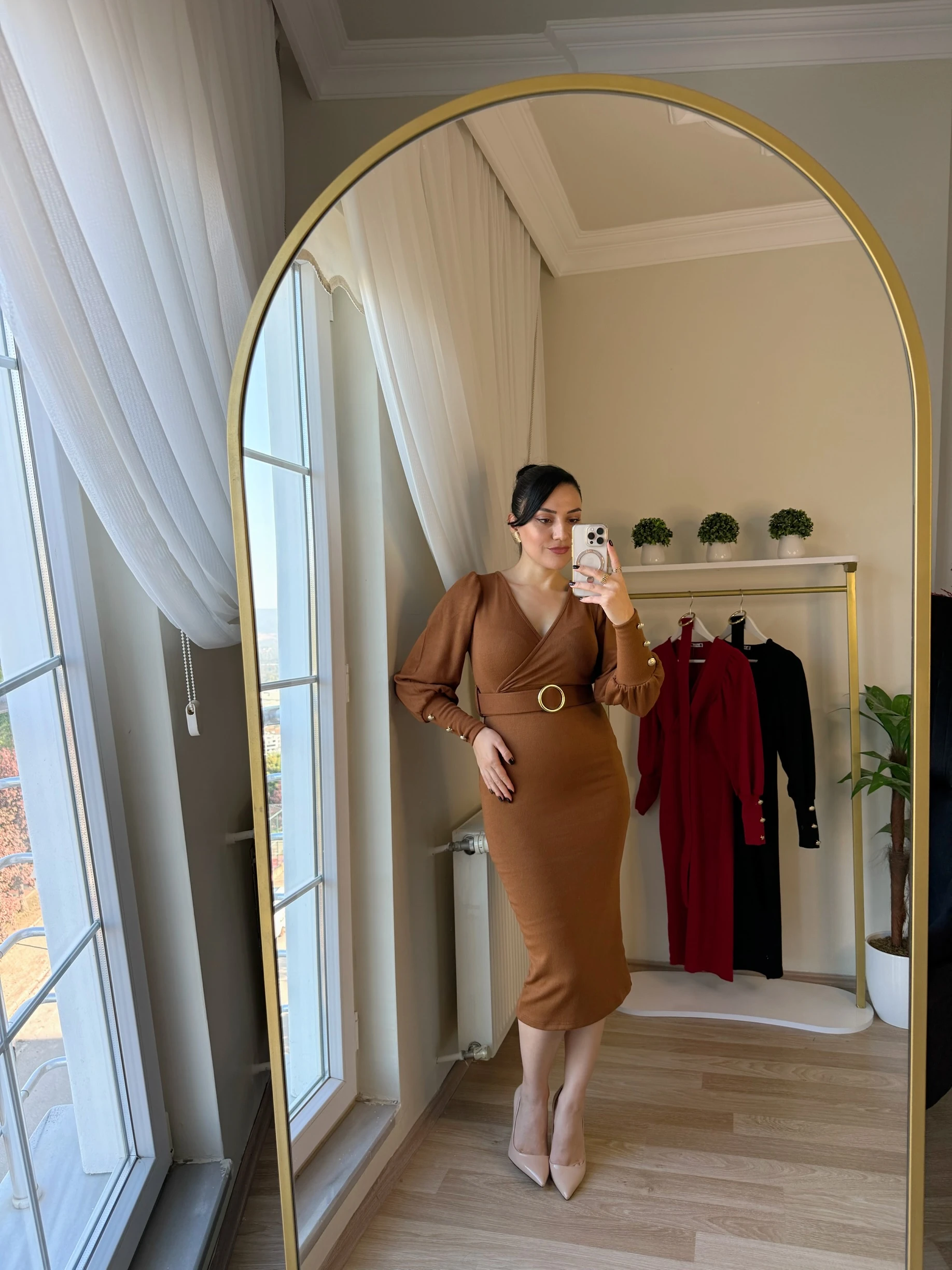 Kruvaze Yaka Kemerli Triko Elbise - Kiremit