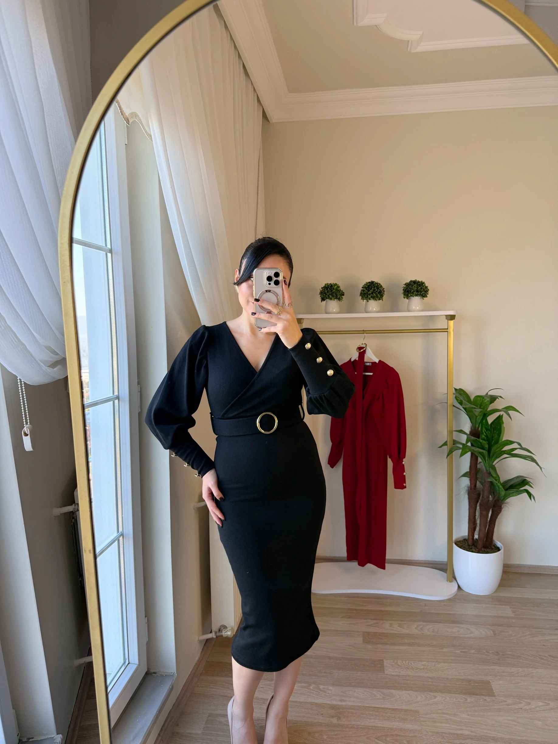 Kruvaze Yaka Kemerli Triko Elbise