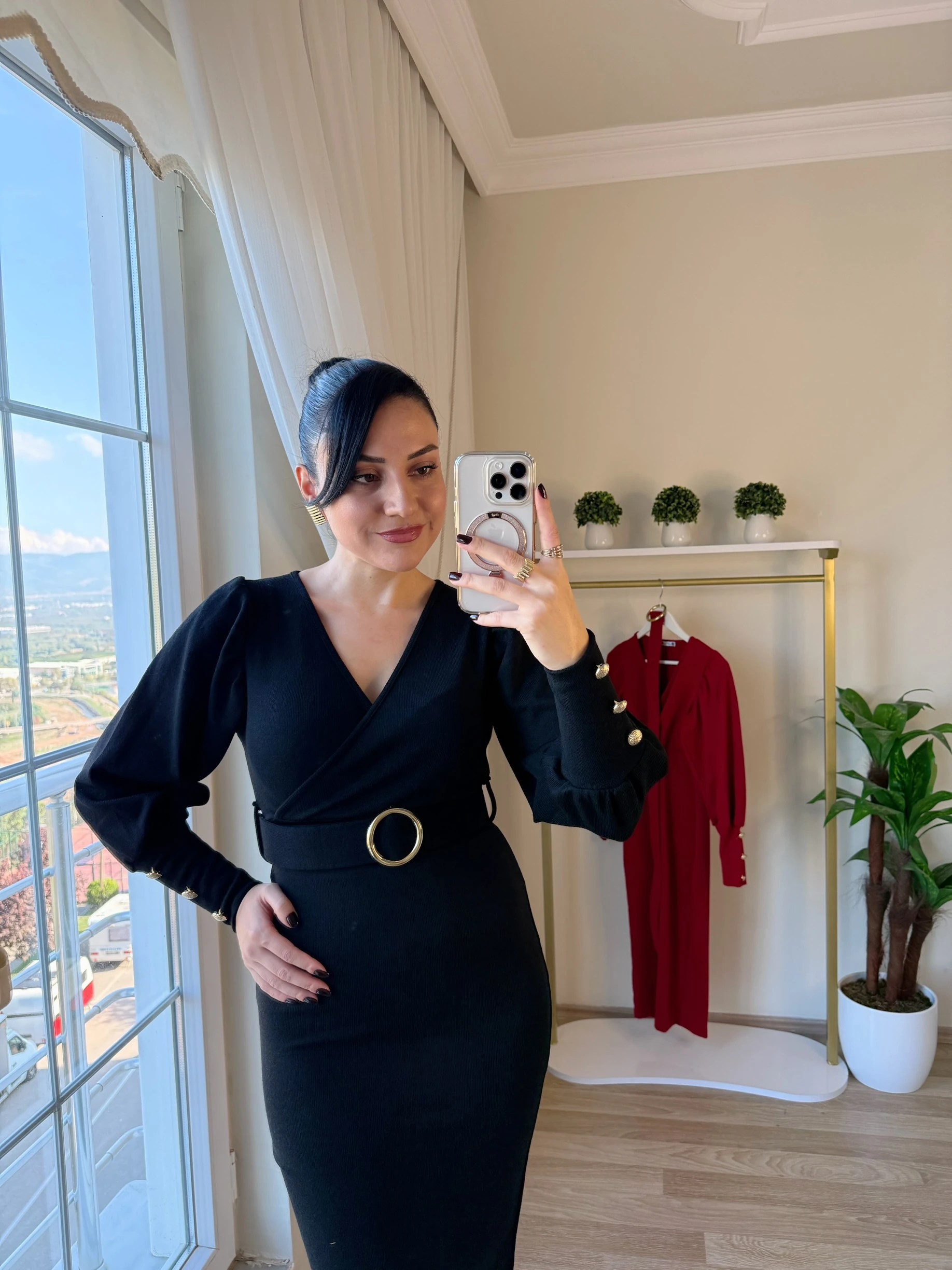 Kruvaze Yaka Kemerli Triko Elbise