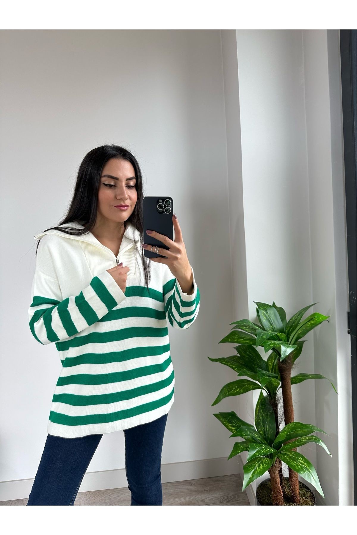 Fermuarlı Çizgili Uzun Oversize Kazak - Yeşil