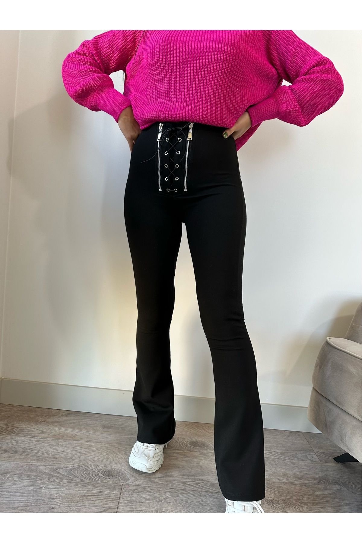 Fermuar Detay Yüksek Bel İspanyol Çelik Tayt