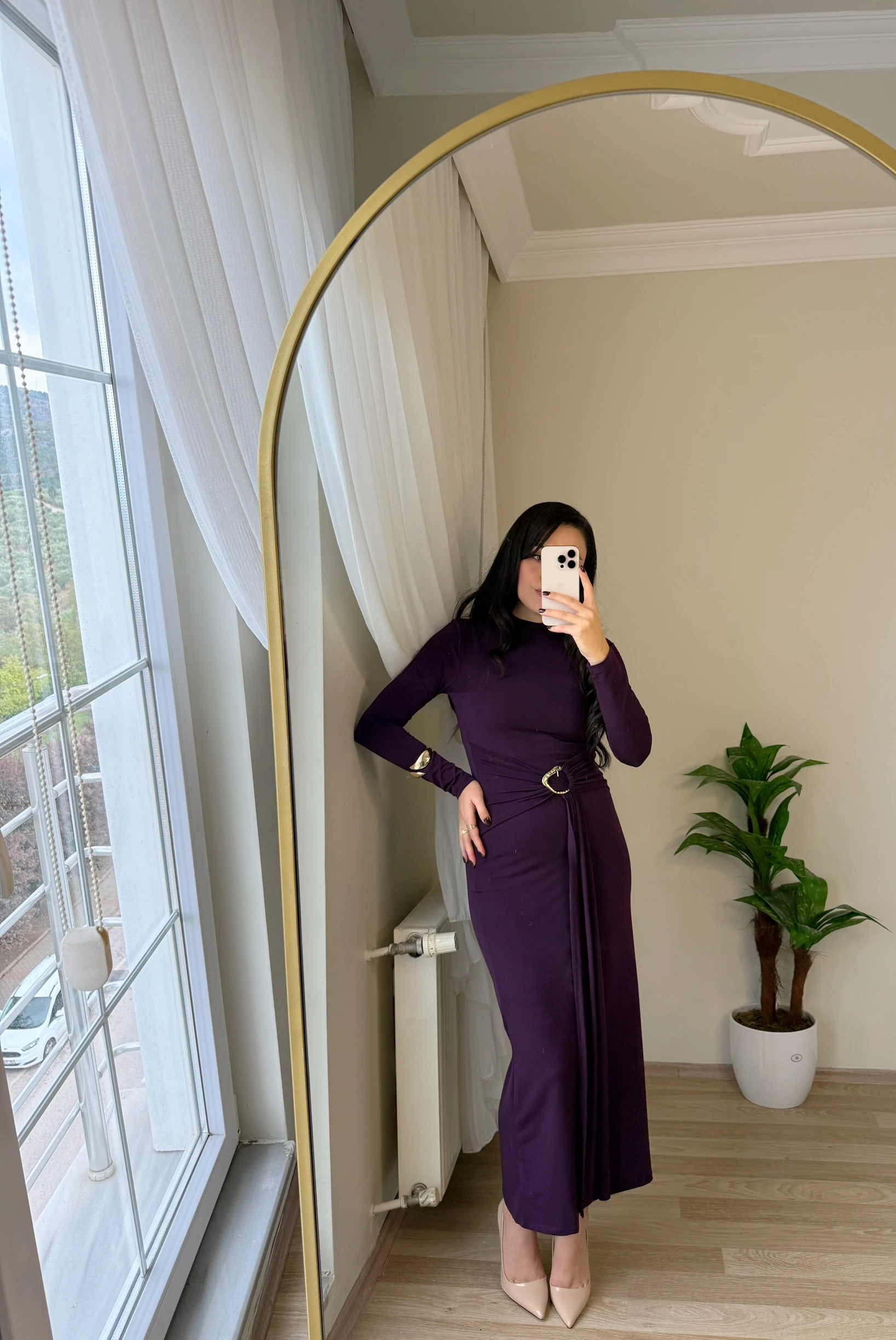 Gold Aksesuar Detaylı Elbise - Mor