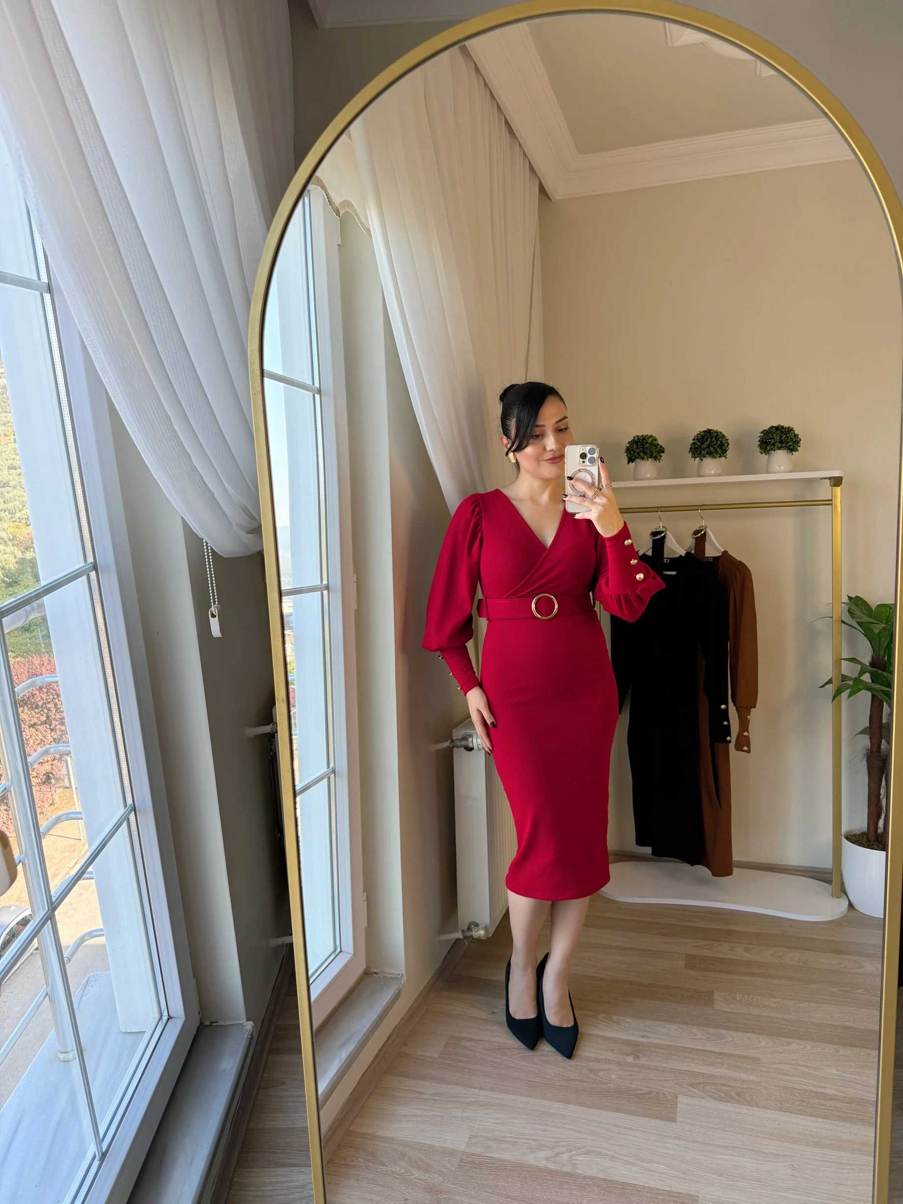 Kruvaze Yaka Kemerli Triko Elbise - Kırmızı