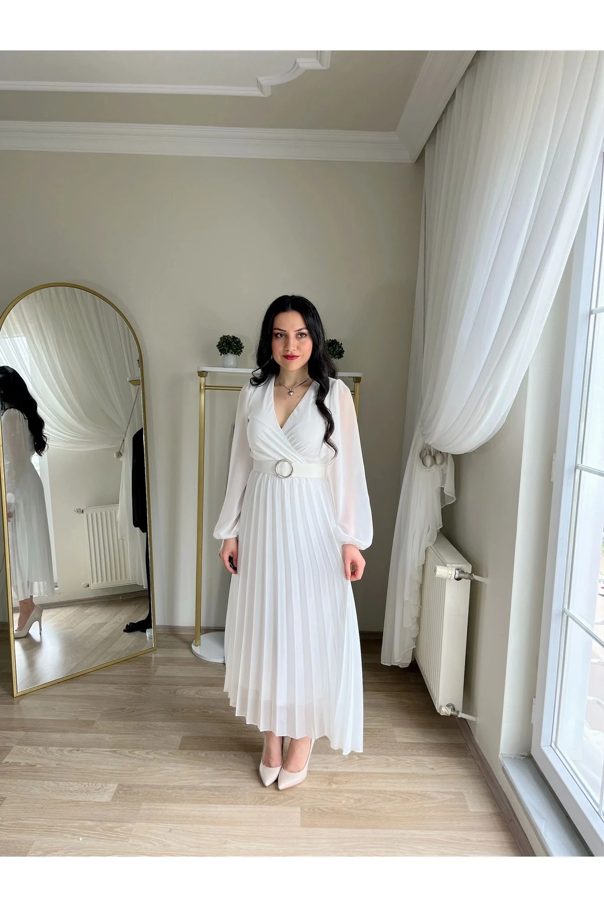 Piliseli Kemerli Midi Şifon Elbise Beyaz - Beyaz