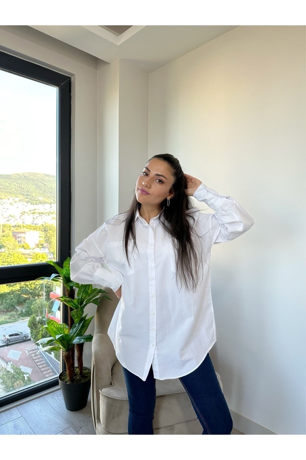 Oversize Poplin Gömlek - beyaz