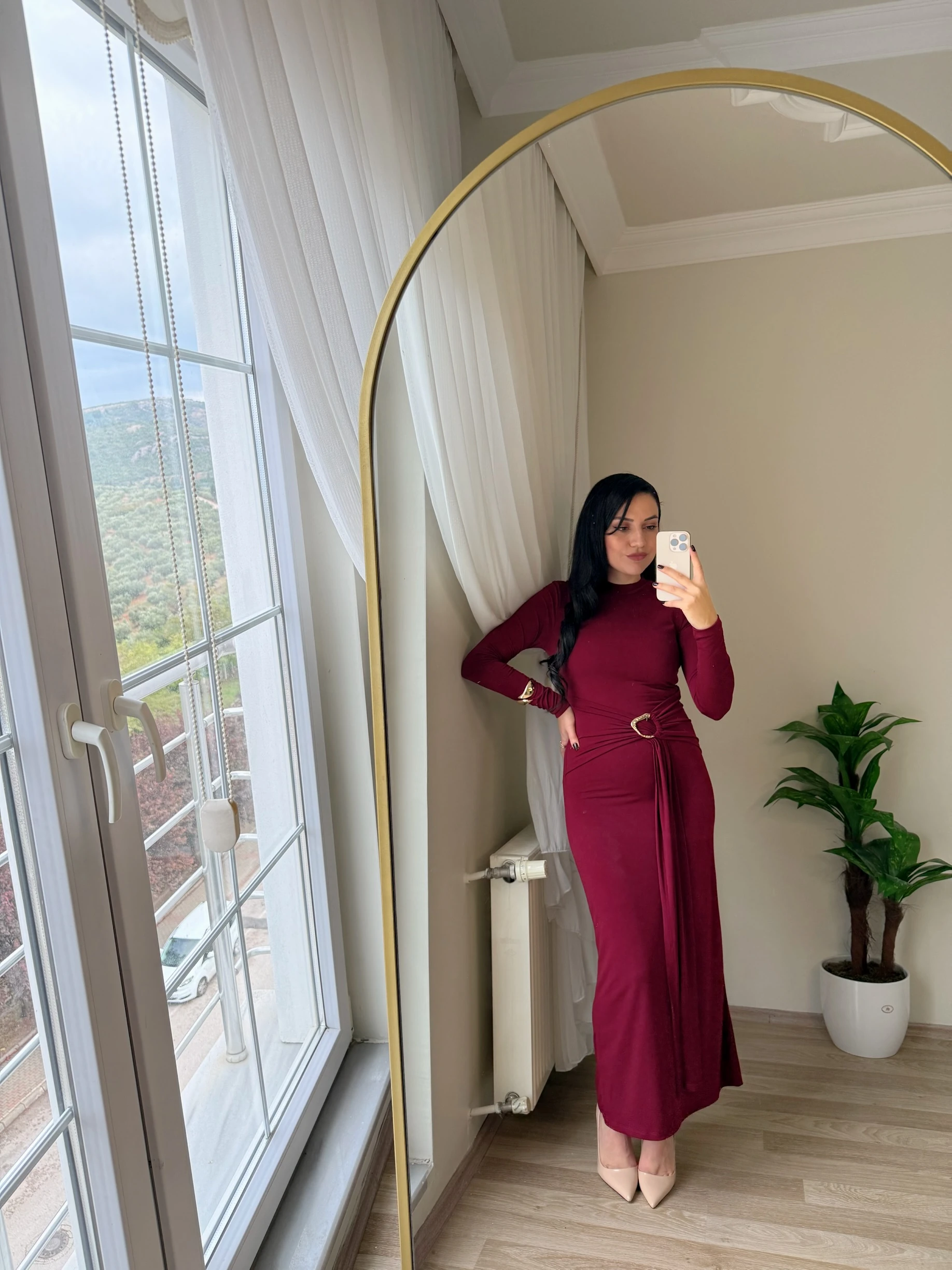 Gold Aksesuar Detaylı Elbise - Bordo