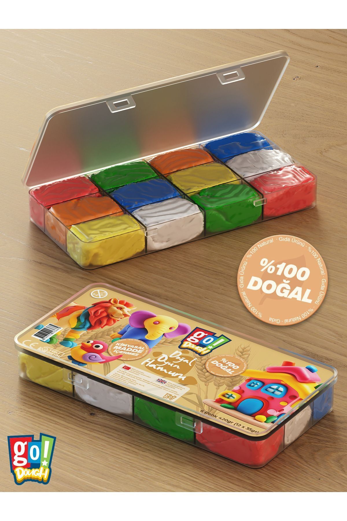 Go Dough Doğal Oyun hamuru 420gram (12Adet x 35gr) 6 Renk Uzun Ömürlü Saklama Kaplı