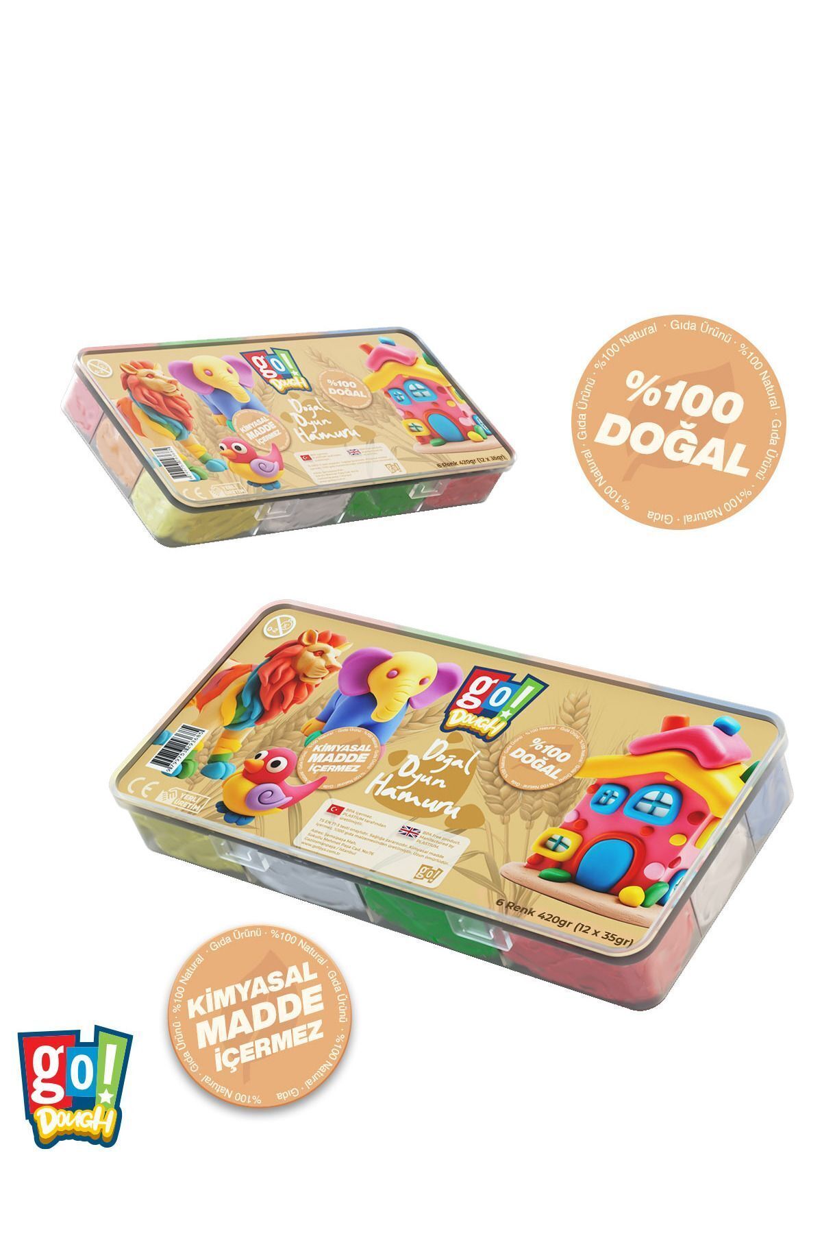 Go Dough Doğal Oyun hamuru 420gram (12Adet x 35gr) 6 Renk Uzun Ömürlü Saklama Kaplı